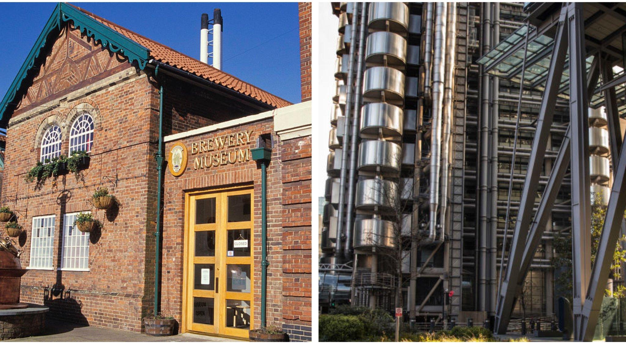 The Greene King Brewery Museum in Bury St Edmunds, UK and the area around the Lloyd's building in London.