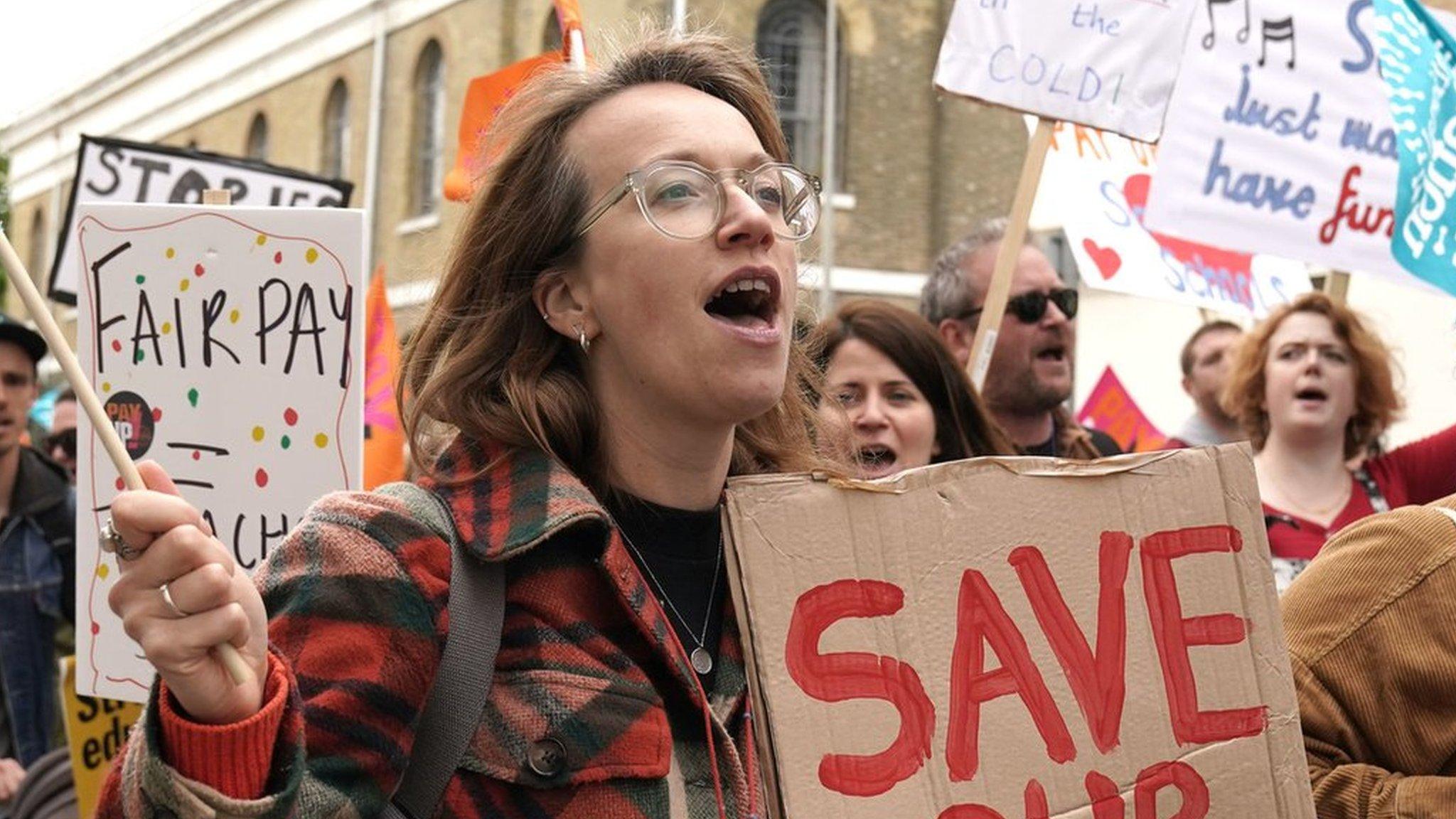 Teachers on strike with placards