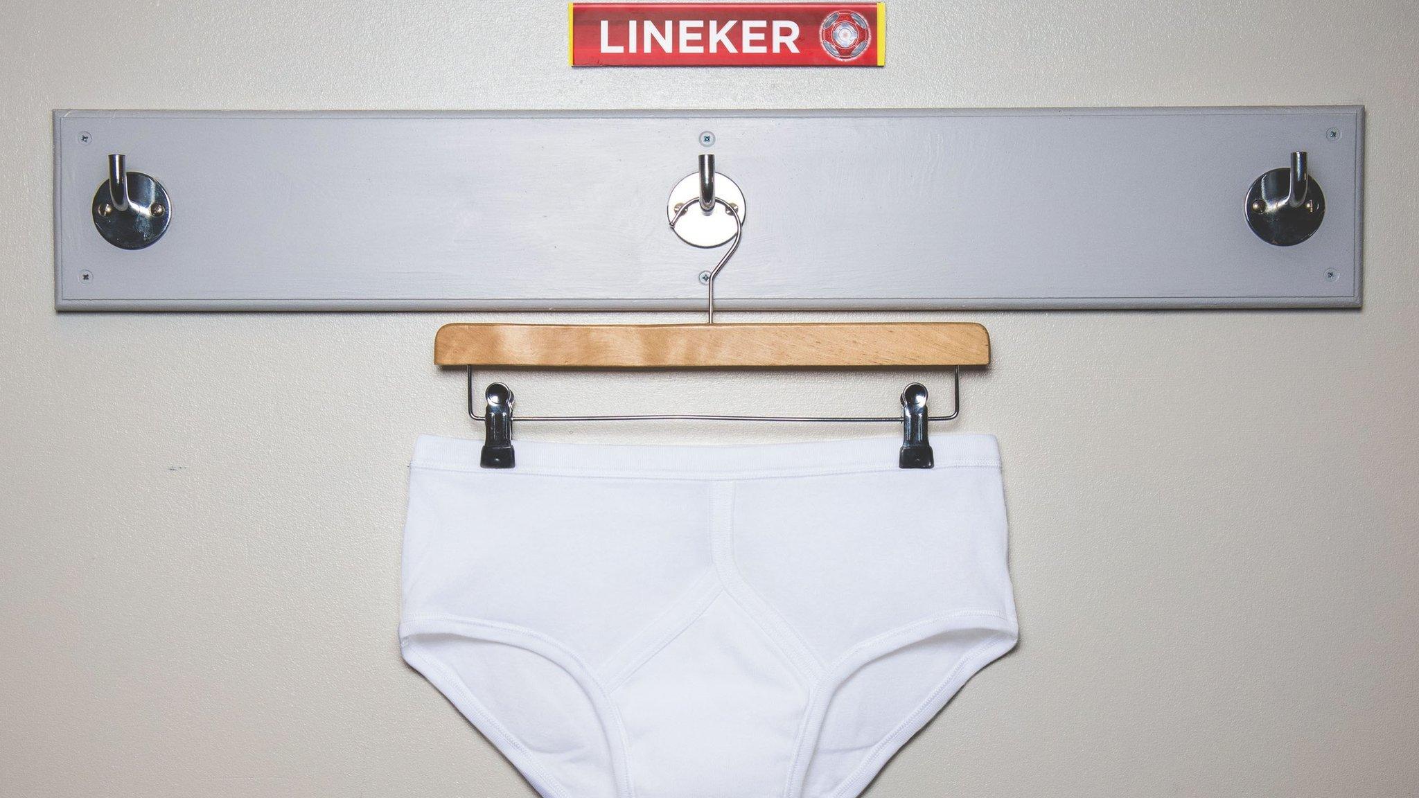 Gary Lineker's pants on a hanger in a mocked up dressing room