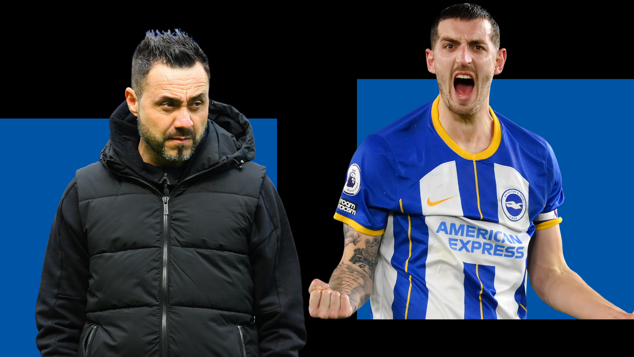 Split graphic image of Roberto de Zerbi and Lewis Dunk