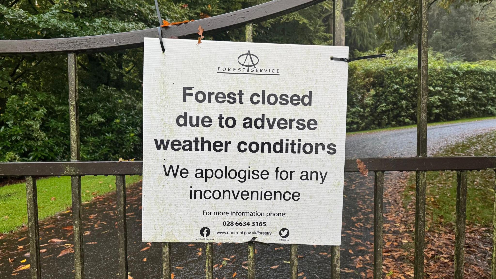 Sign on railings at Drum Manor Forest Park near Cookstown. 