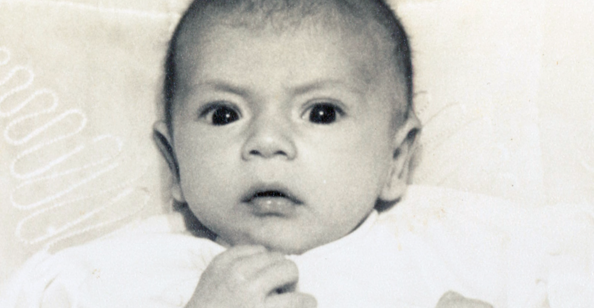 Baby Steven Morris in a black and white photograph from 1962