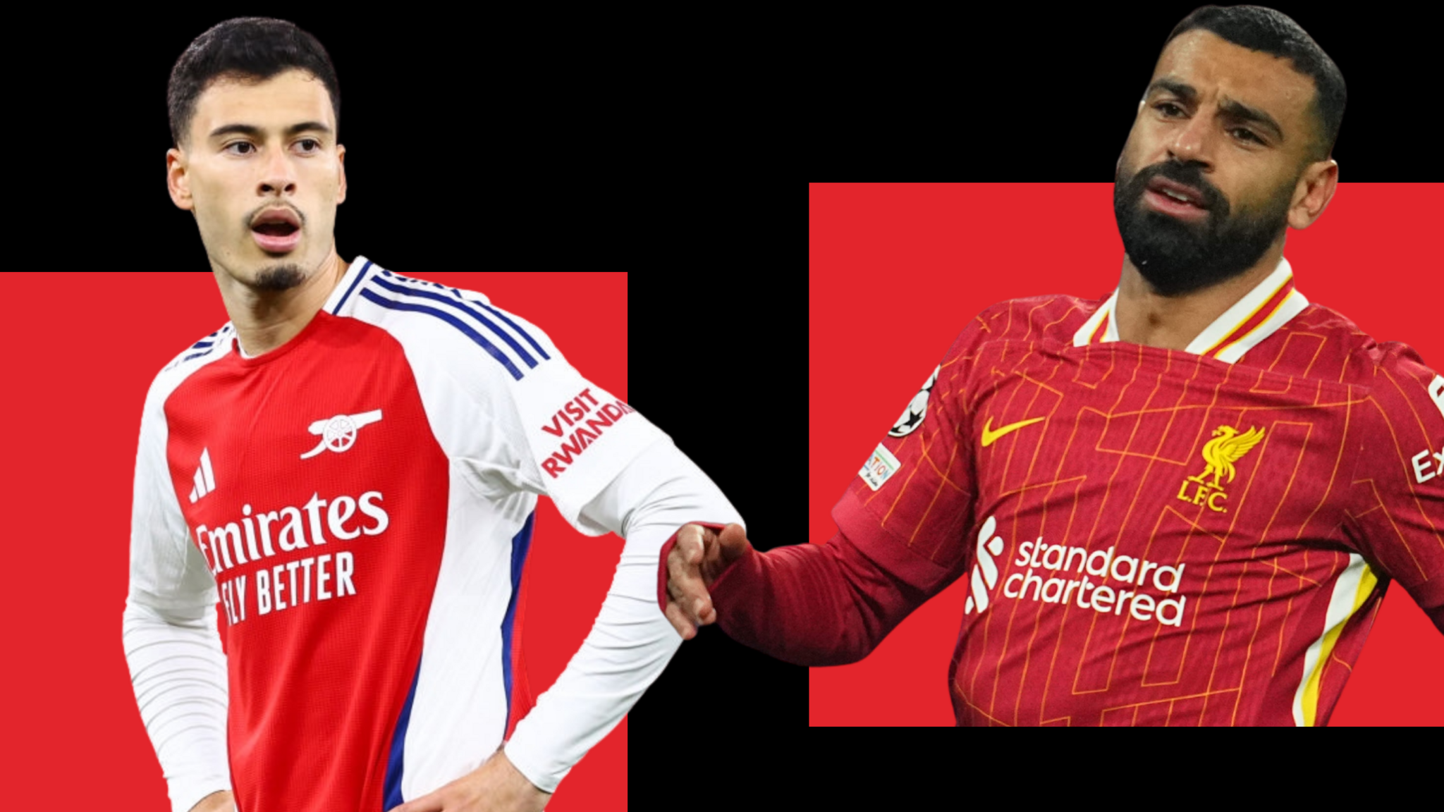 A split graphic of Arsenal's Gabriel Martinelli and Liverpool's Mohamed Salah