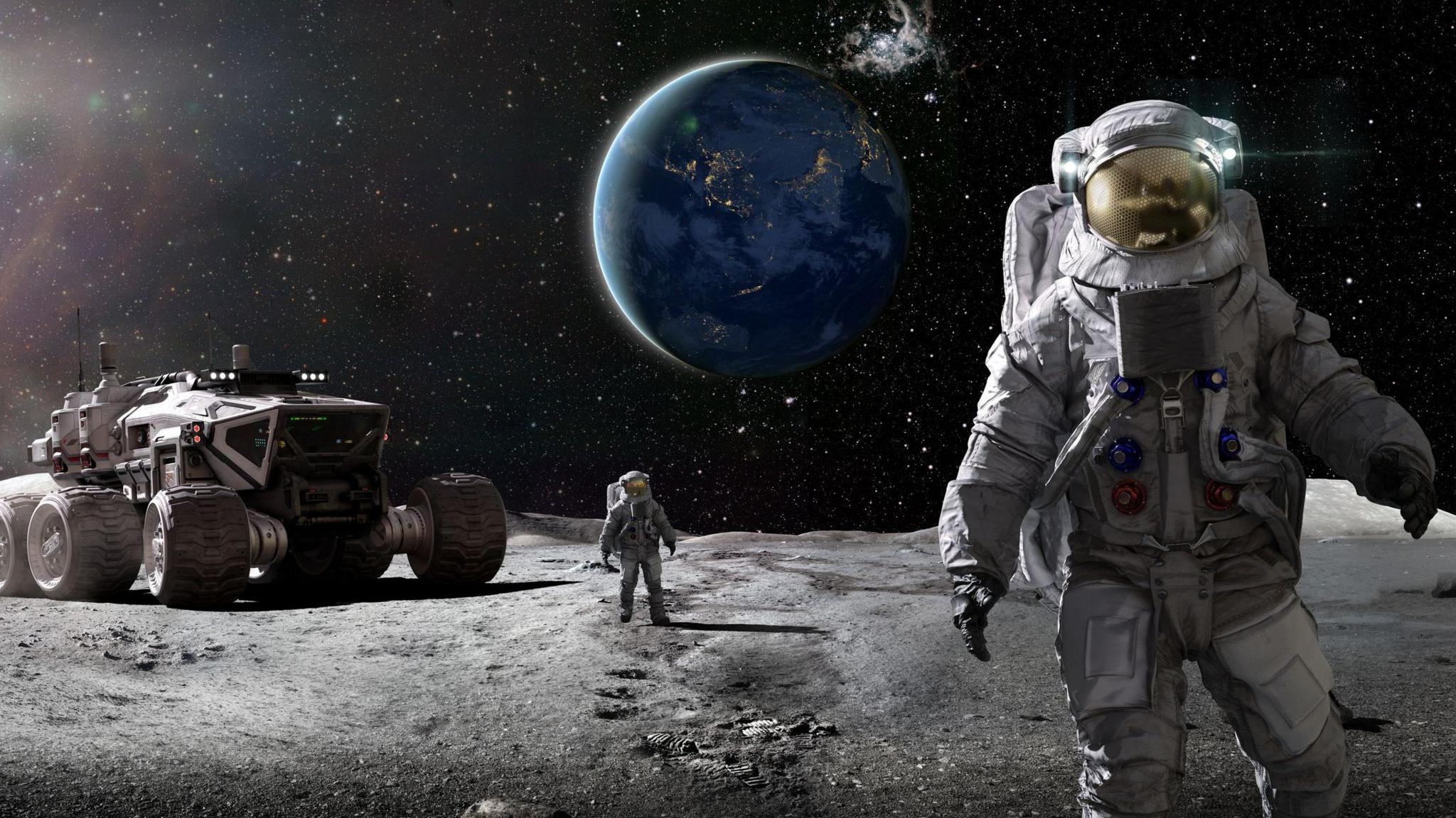 Two astronauts dressed in full spacesuits with backpacks walking on the moon in front of a modern moon rover vehicle 