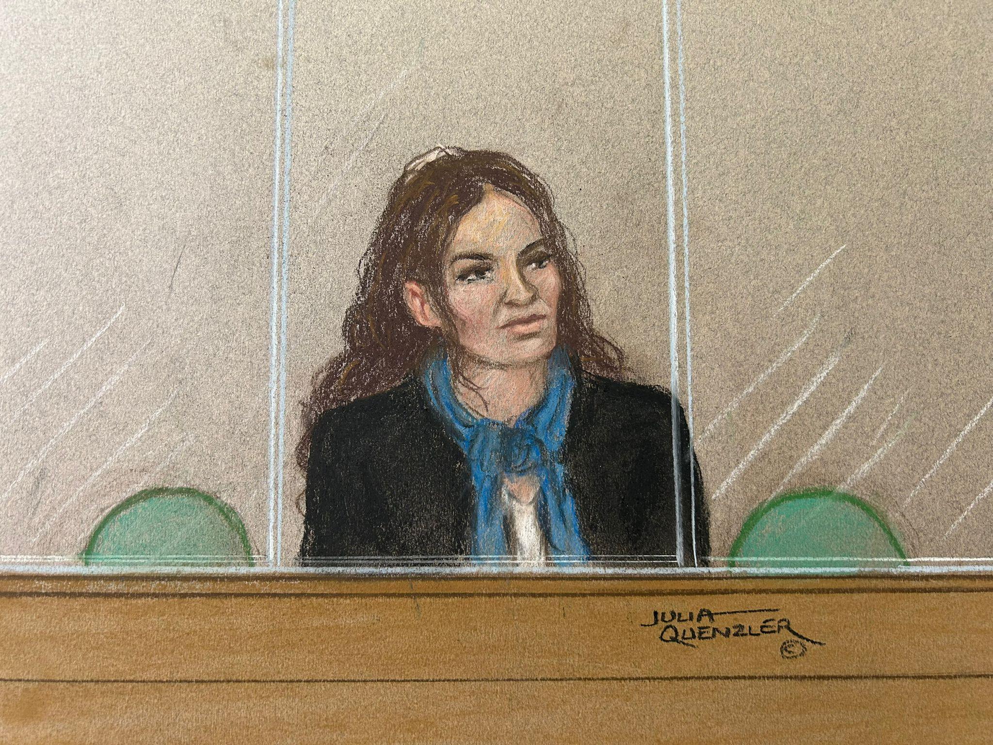 A court sketch of Constance Marten - a woman with long brown hair, dark coat and blue scarf - sitting behind glass in the dock