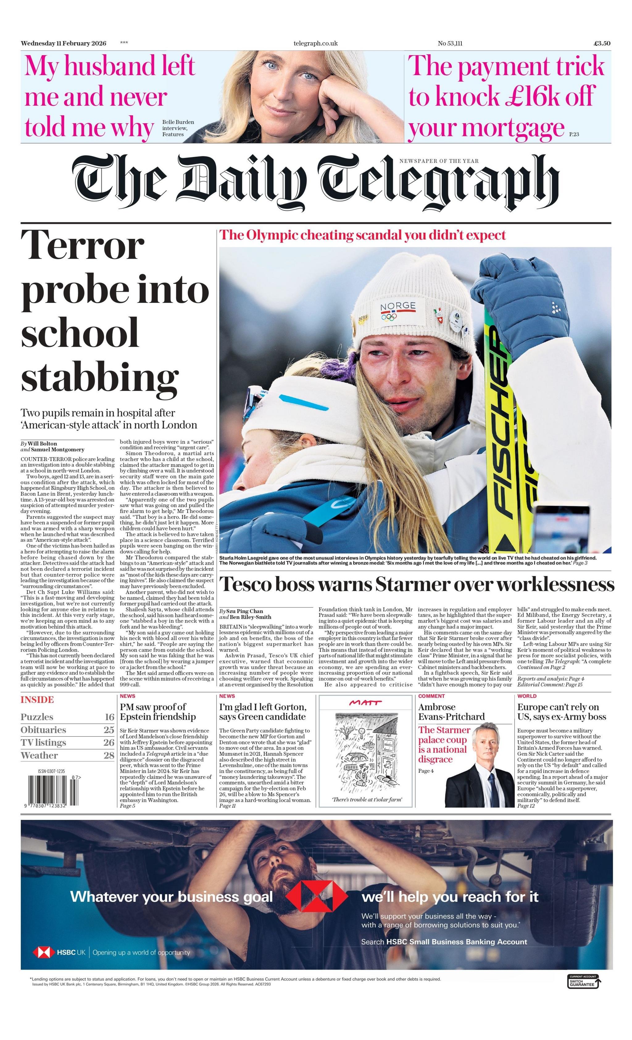 "Hetim terrorist për sulmin me thikë në shkollë" është titulli kryesor në faqen e parë të Daily Telegraph.