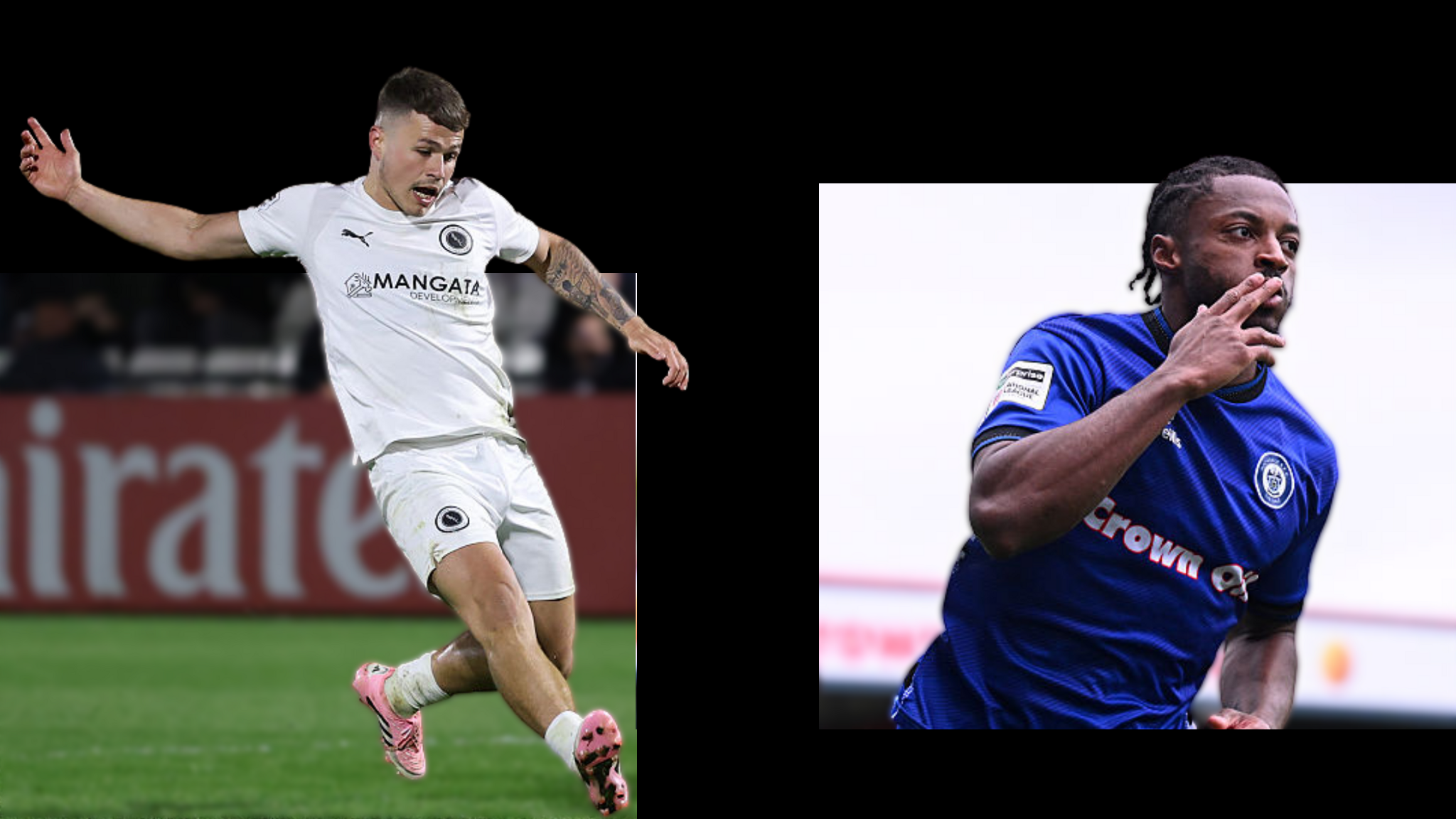 A side by side image of Zak Brunt in action for Boreham Wood in a white kit and Rochdale's Devante Rodney in a blue shirt