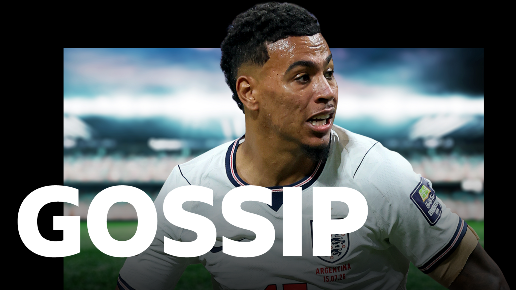 Gossip graphic with a picture of Morgan Rogers playing for England