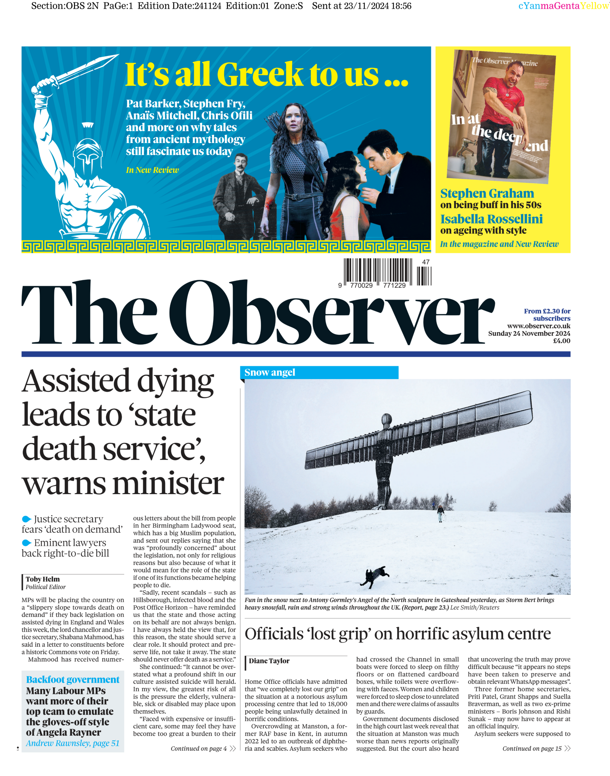 The Observer front page with headline: "Assisted dying leads to 'state death service', warns minister"