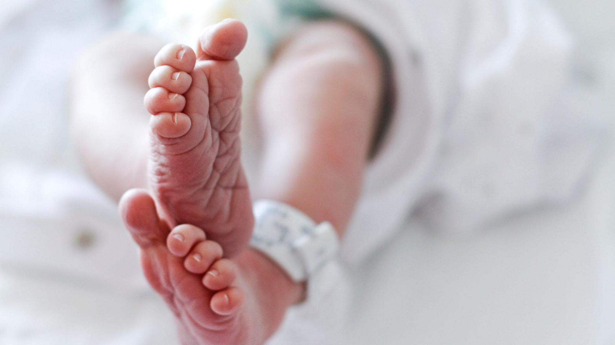 A close-up shot of a baby's feet. The infant is lying down and has a white hospital tag around their ankle. The rest of the baby is blurry.