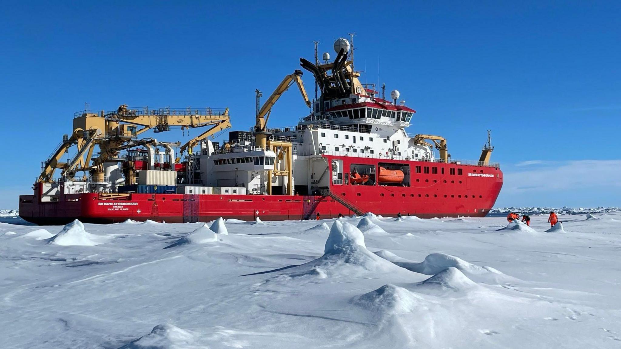 The RRS Sir David Attenborough with sea ice in the foreground