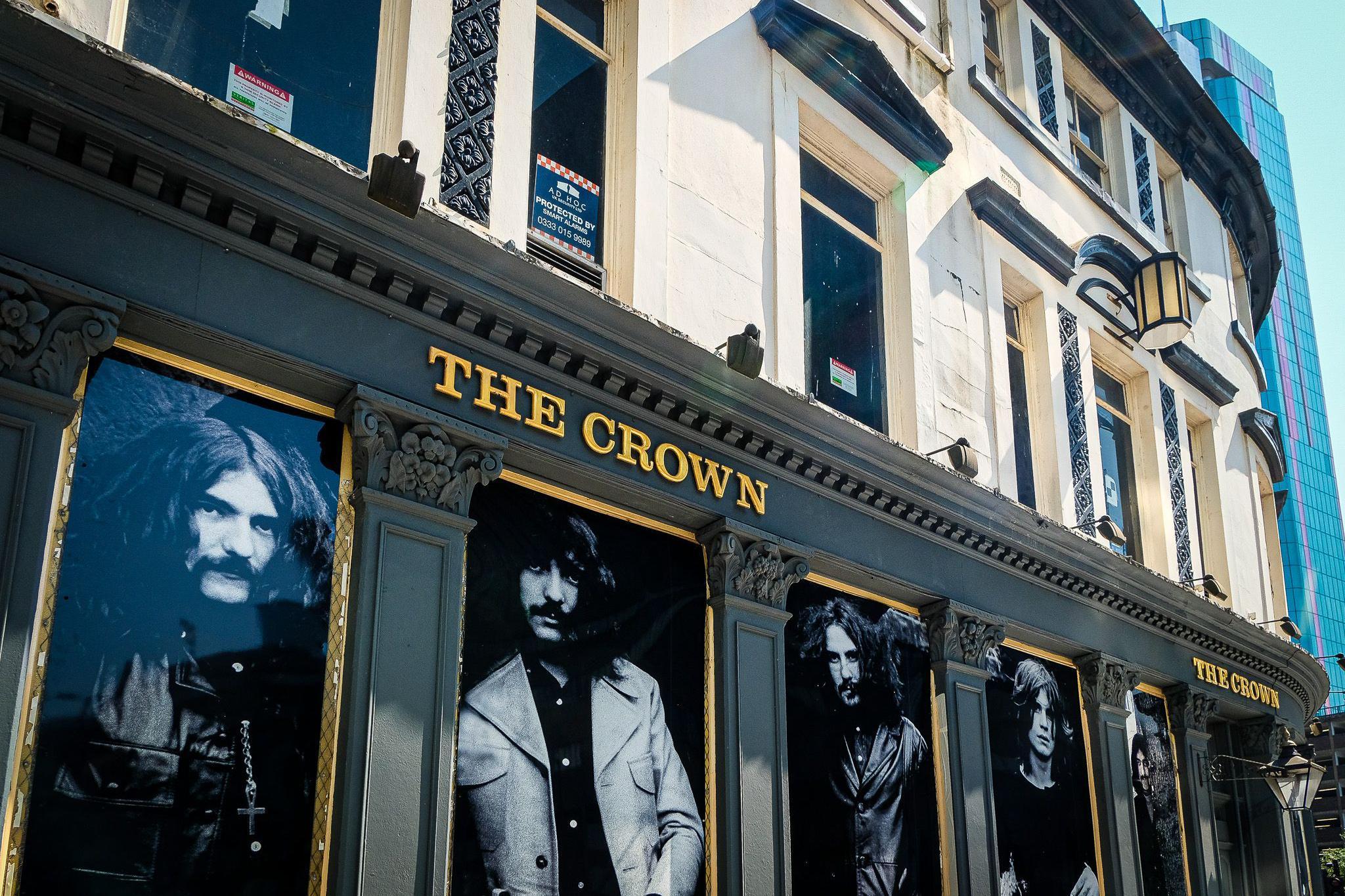 The Crown pub with images of Black Sabbath displayed