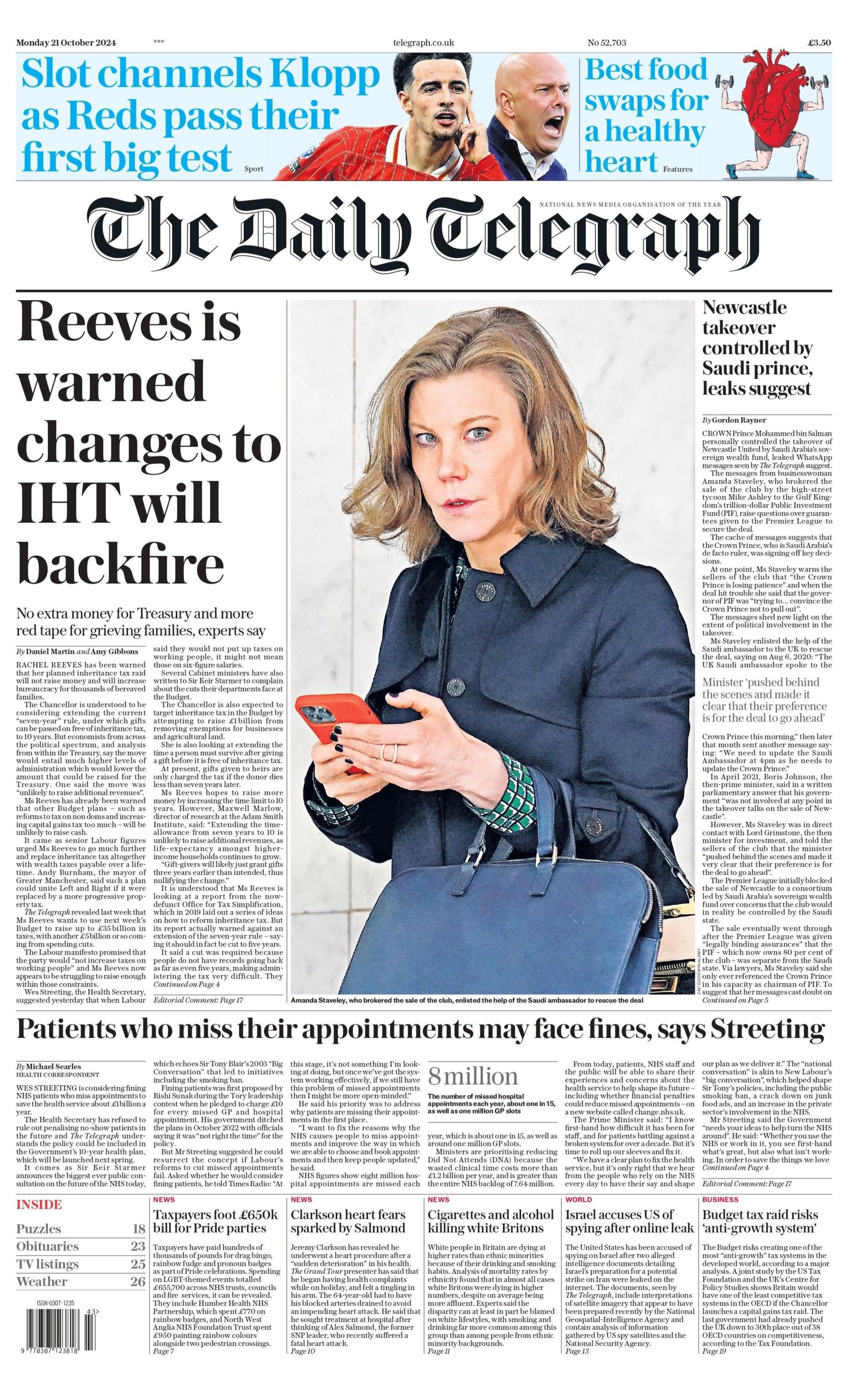 The front page of the Daily Telegraph reads: "Reeves warned changes to IHT will backfire"