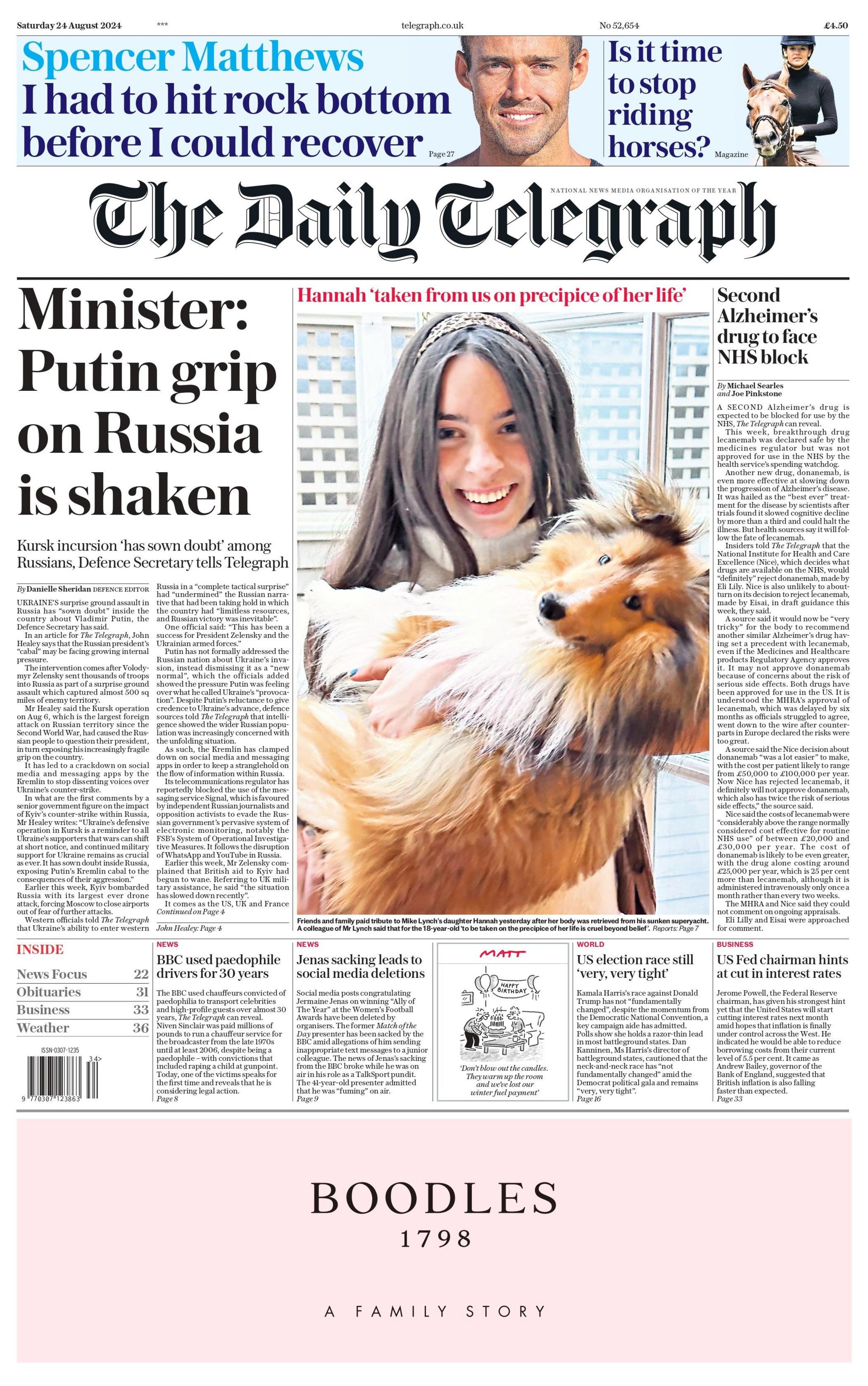 Daily Telegraph Minister says Putin grip on Russia is shaken