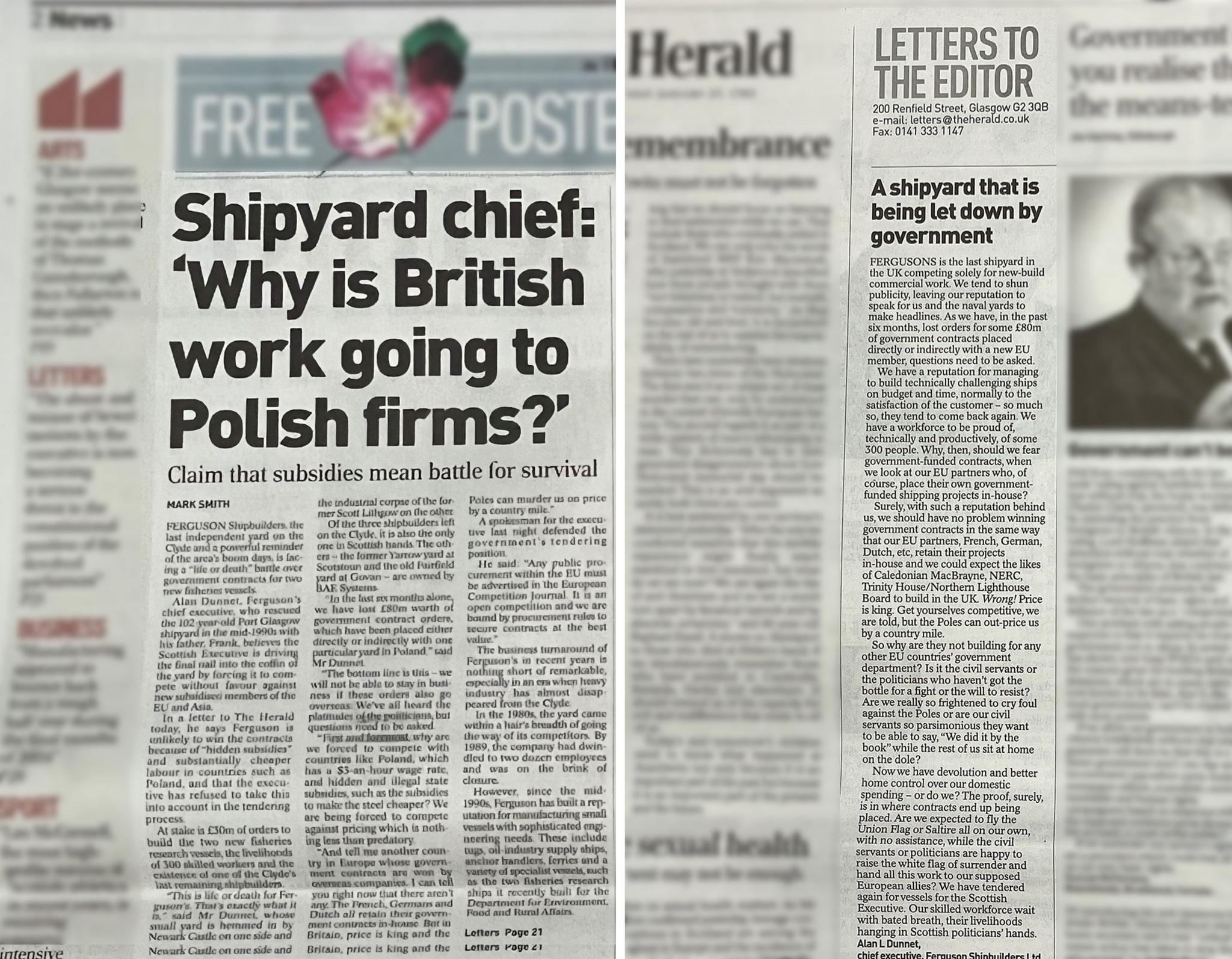 A composite image with page from the Herald newspaper from 2005. On the left there is an article under the headline Shipyard chief: why is British work going to Polish firms and on the right is a letter under the headline A shipyard that is being let down by the government