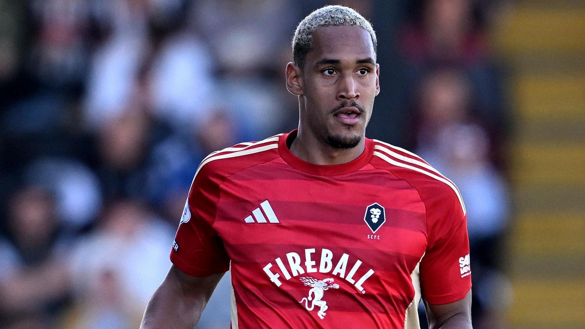 Haji Mnoga in action for Salford in their play-off semi-final first-leg win at Grimsby