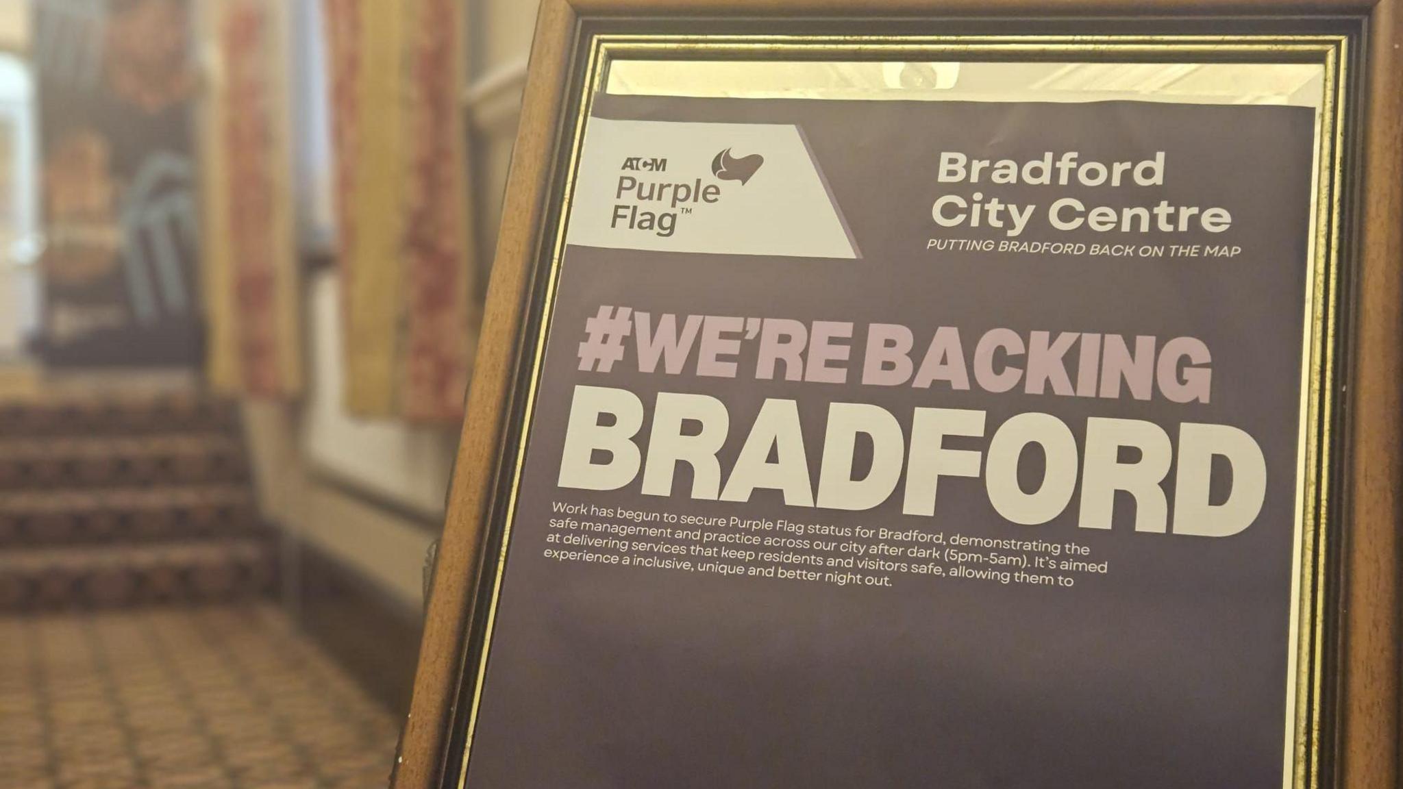 A framed certificate supporting Bradford's "purple flag" status 