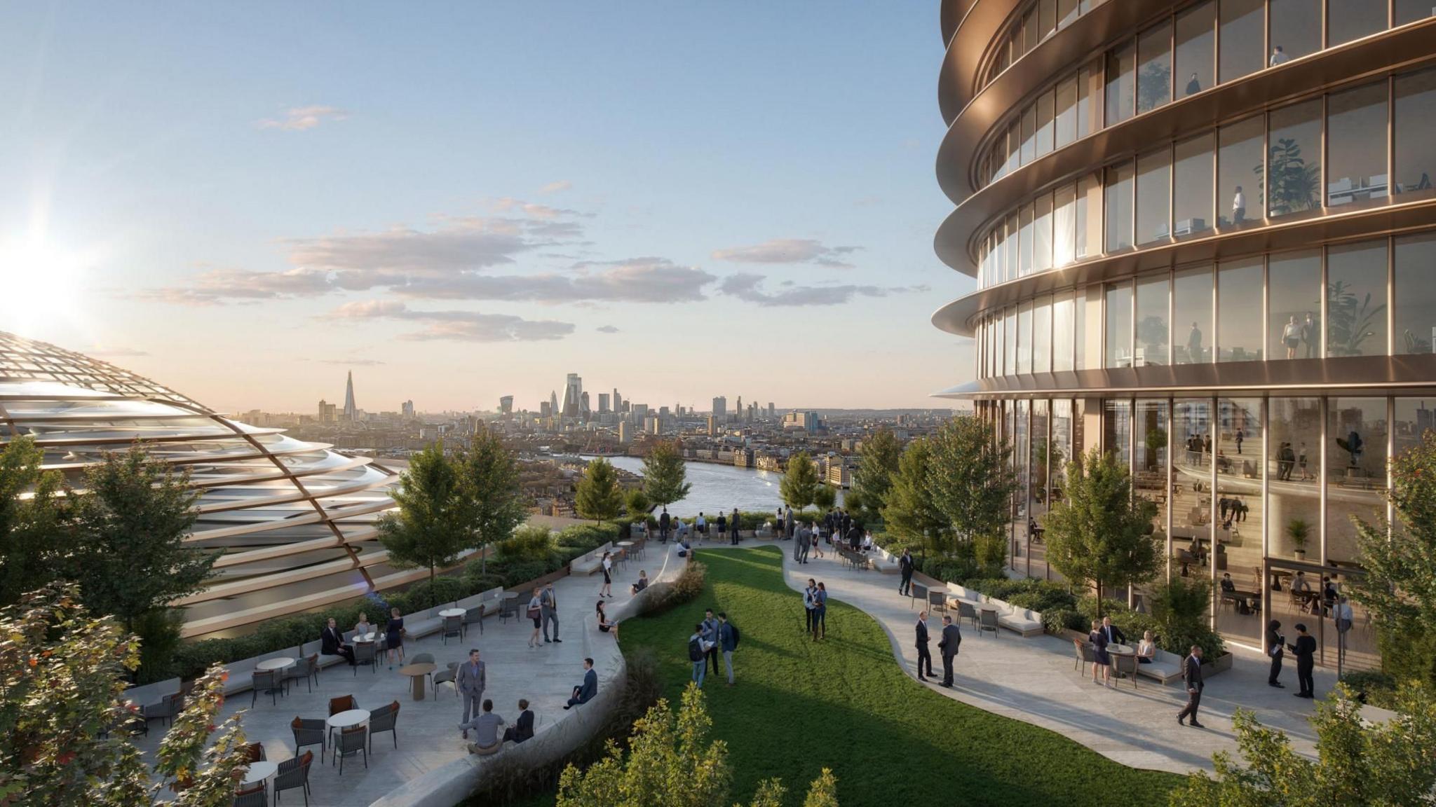 An artist's impression of a riverside view of a new development in London's Canary Wharf