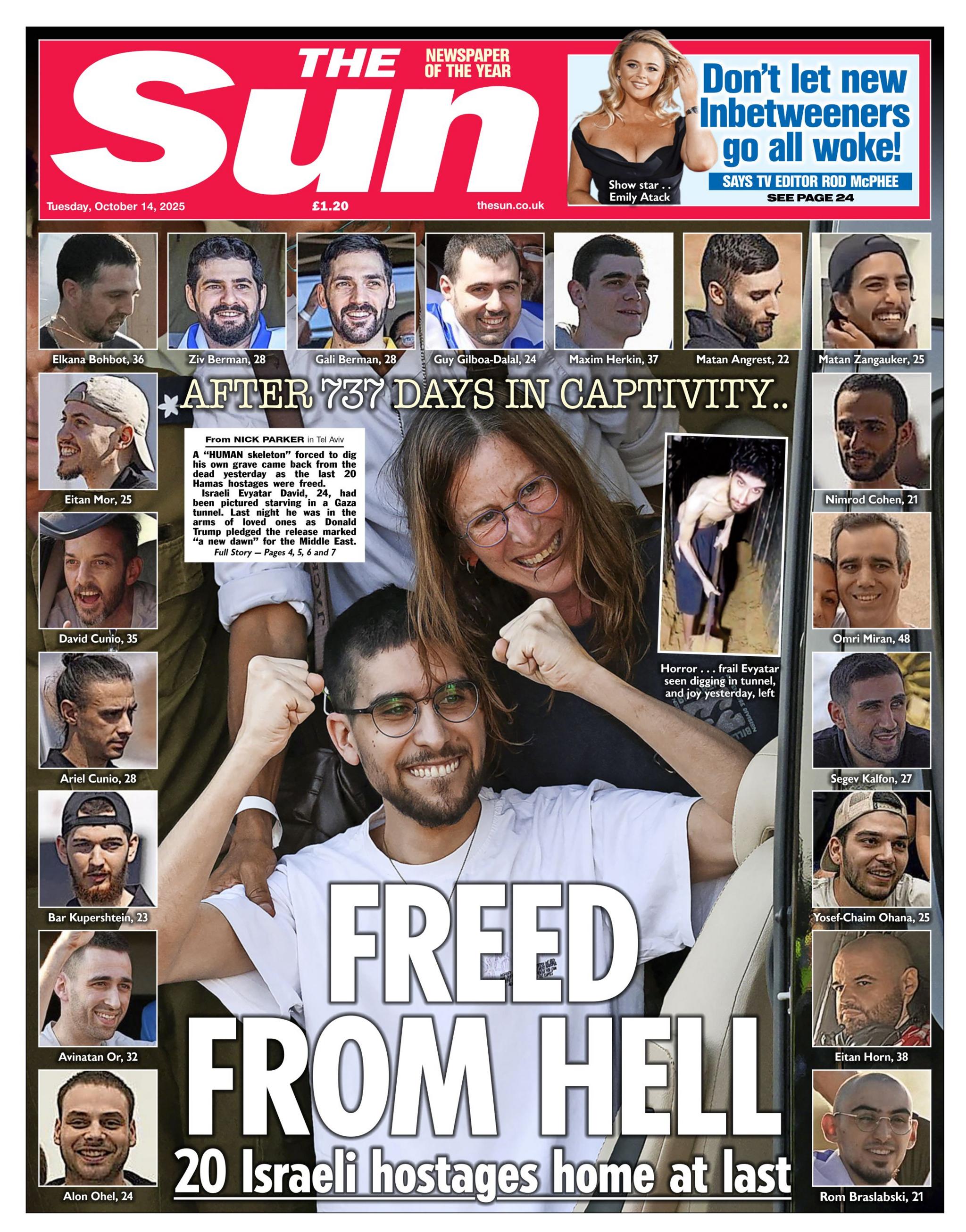 The headline on the front page of the Sun reads: "Freed from hell".
