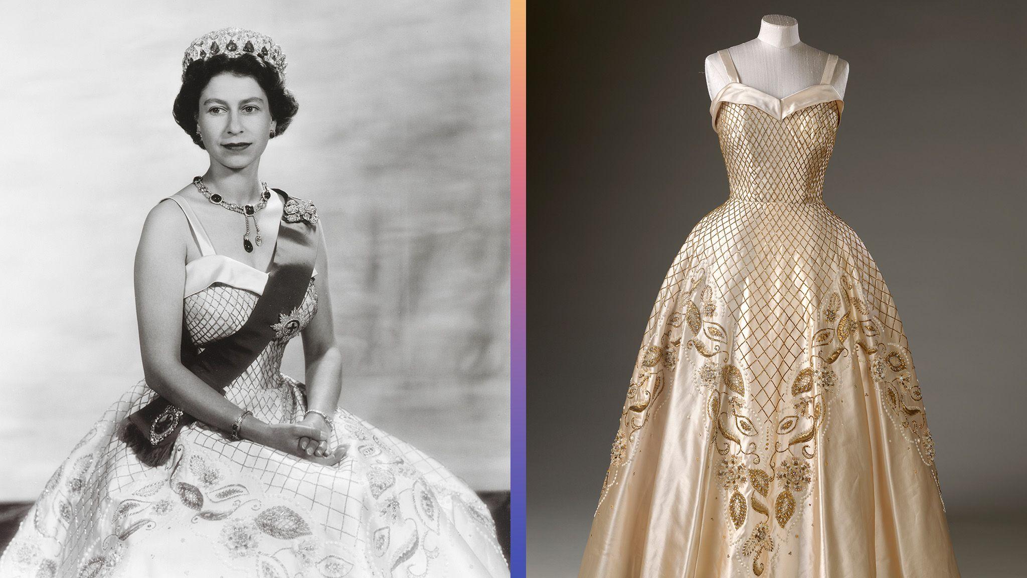 a composite image of queen elizabeth ii in a black and white archive photograph in a gown with another image of the same gown on a mannequin