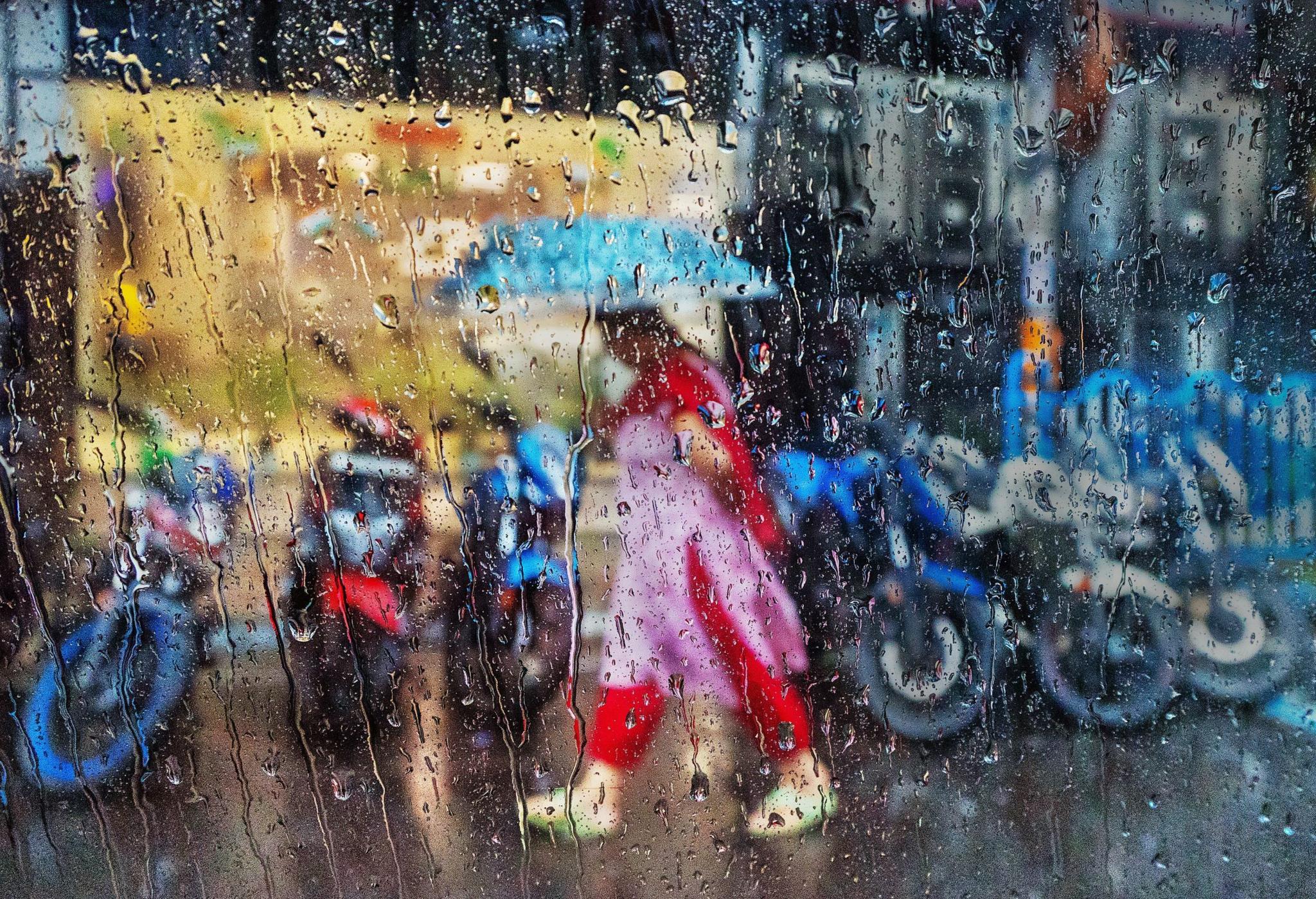 A woman walks past holding an umbrella - as seen through wet glass. The woman is dressed in what looks like a pink and red sari and she is holding a blue umbrella. There are several electric bikes lines up behind her as she walks from the right to the left of the image.