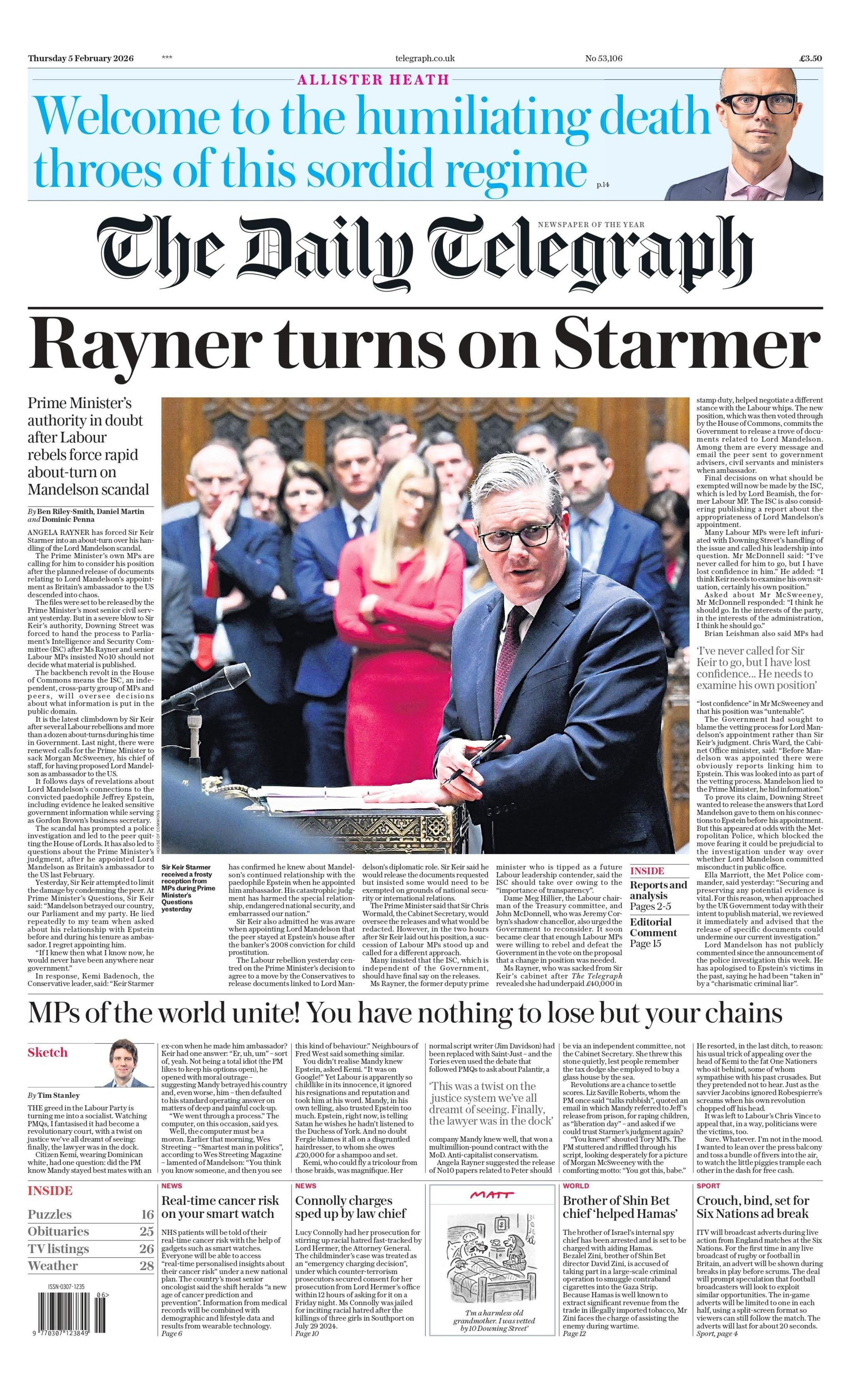 "Rayner i kthehet Starmerit", shkruhet në titullin kryesor të faqes së parë të Daily Telegraph.