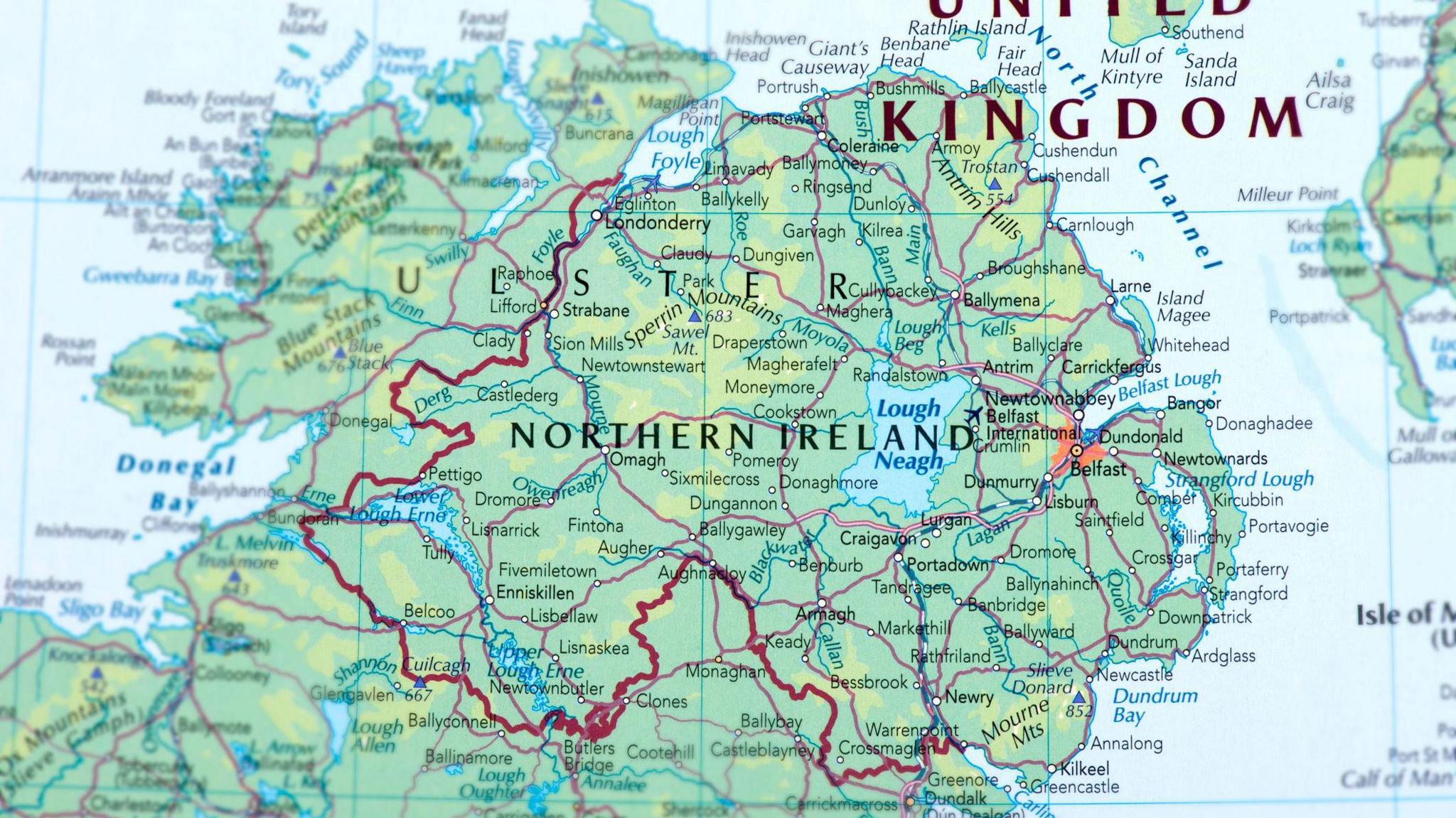 A stock image of a map of Northern Ireland with red line clearly indicating the border between Northern Ireland and the Republic of Ireland.