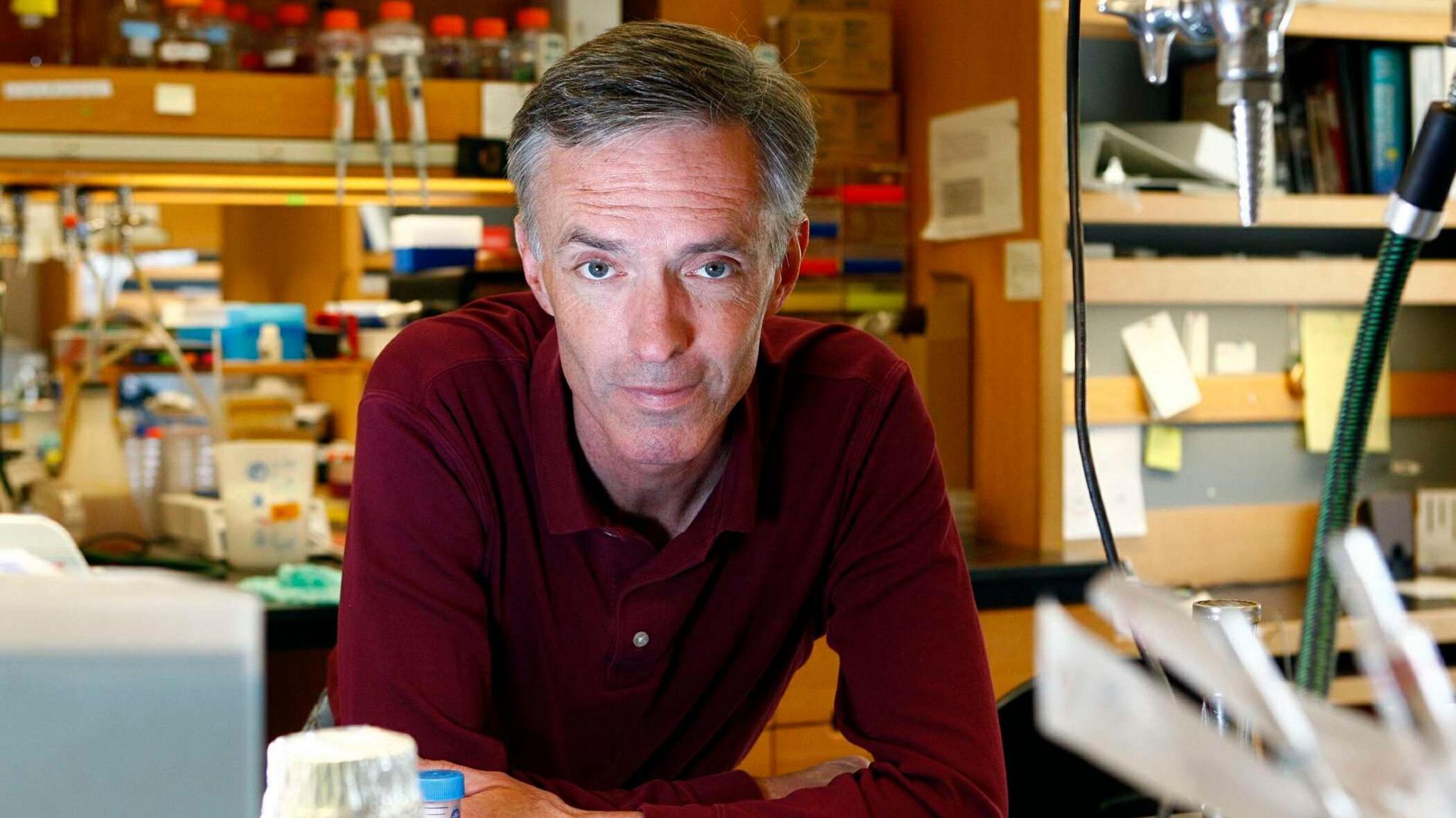 Prof Collins is leading on his laboratory bench, wearing a burgundy shirt, with an array of pieces of scientific equipment out of focus in the background.
