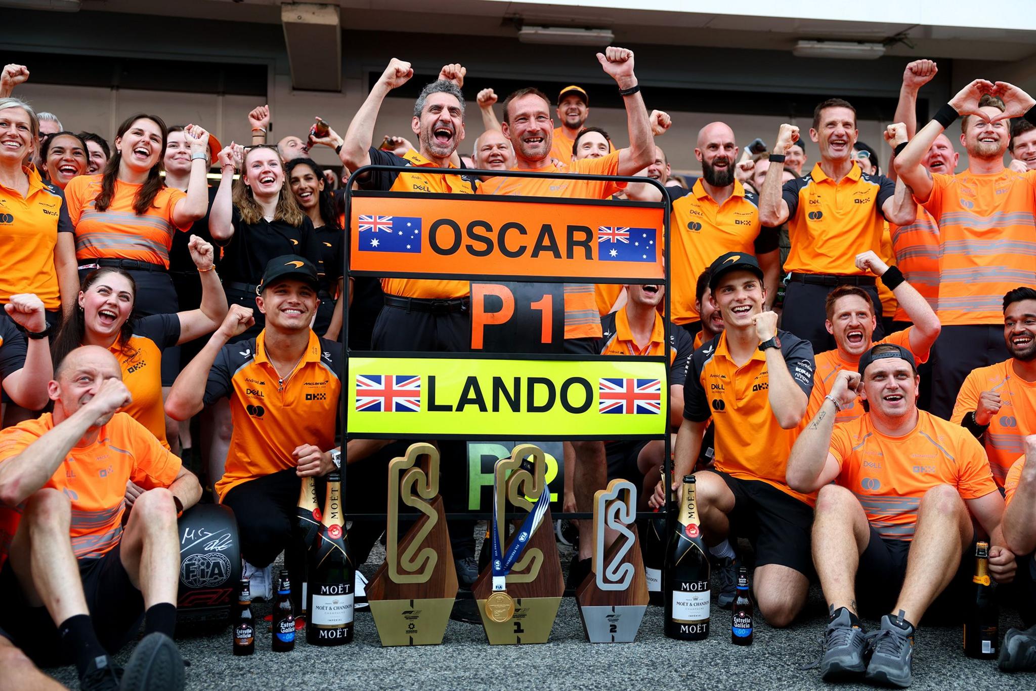 Australia's Oscar Piastri and Great Britain's Lando Norris celebrate during the F1 Grand Prix of Spain at Circuit de Barcelona-Catalunya in Barcelona, Spain. Photo by Clive Rose 
