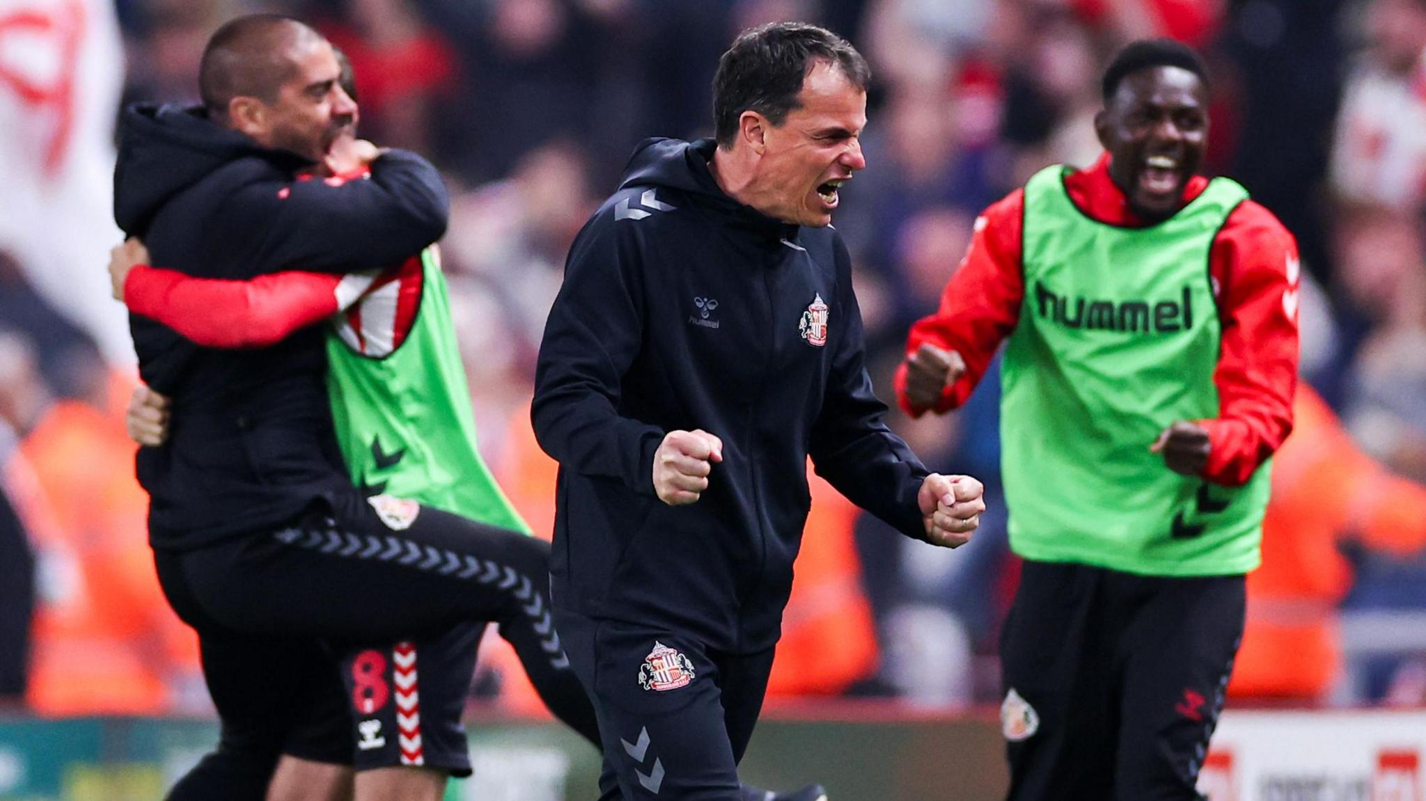 Regis Le Bris celebrating Sunderland's goal against Coventry in the play-off semi-final second leg.