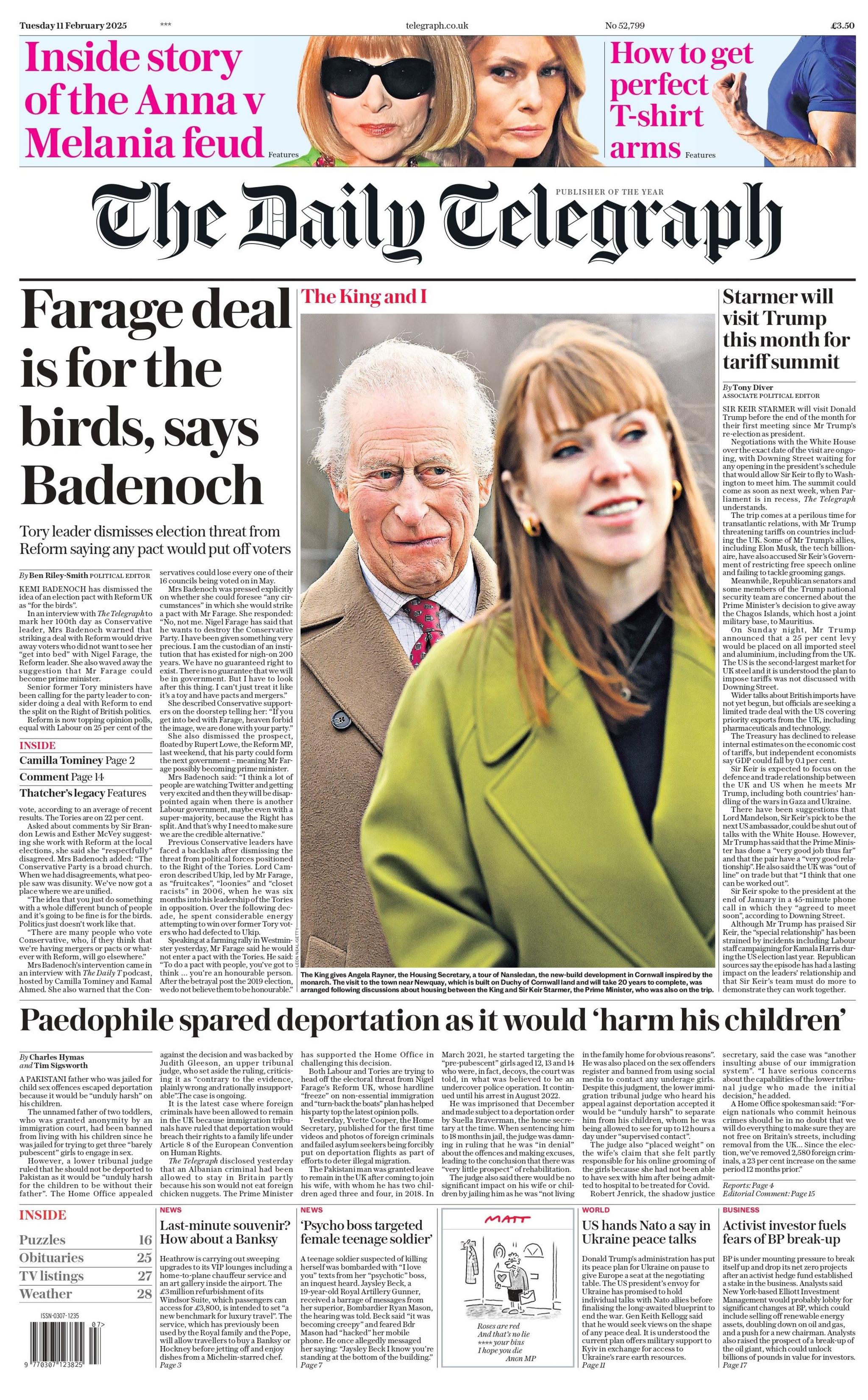 Daily Telegraph: Badenoch: Deal with Farage is for the birds
