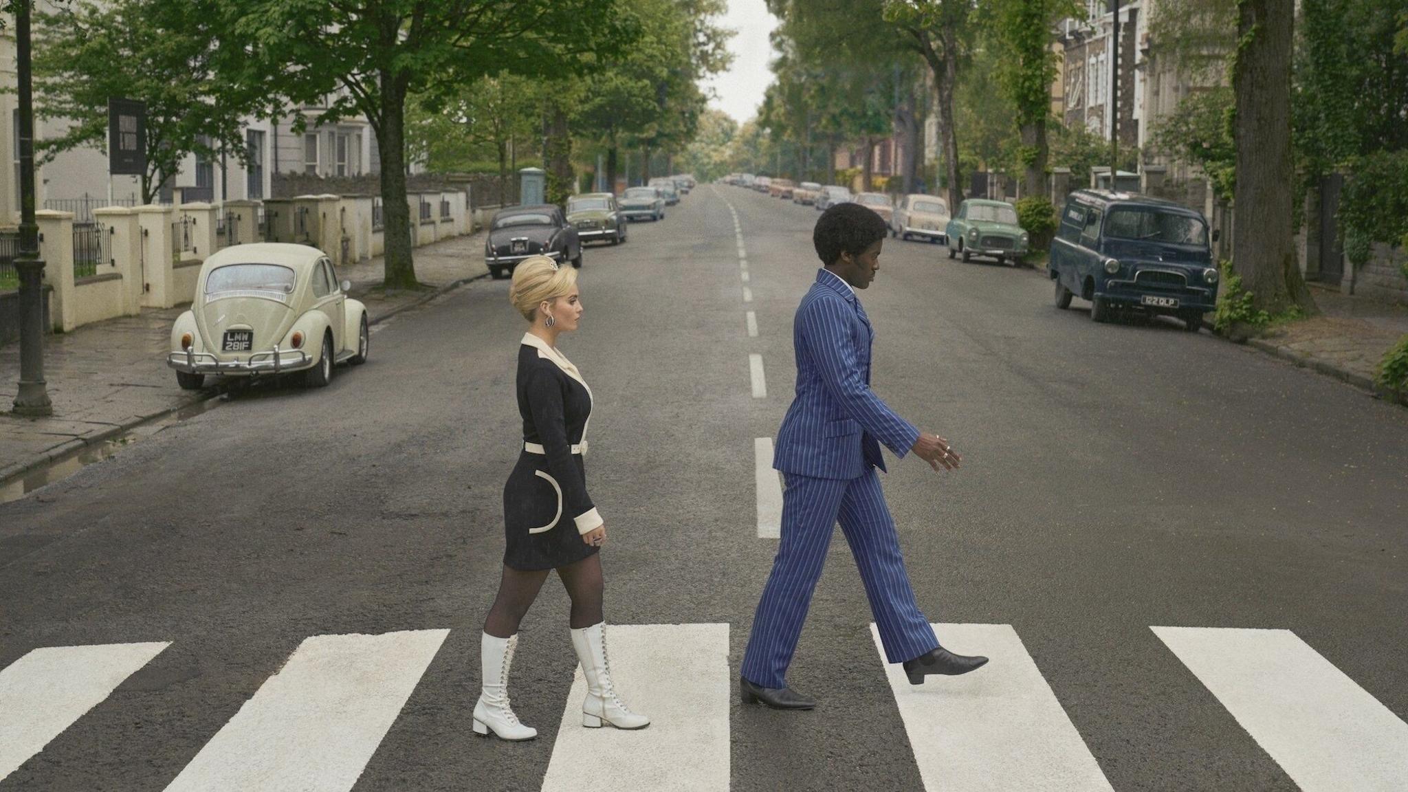 Ruby and The Doctor recreate the iconic Abbey Road album cover.