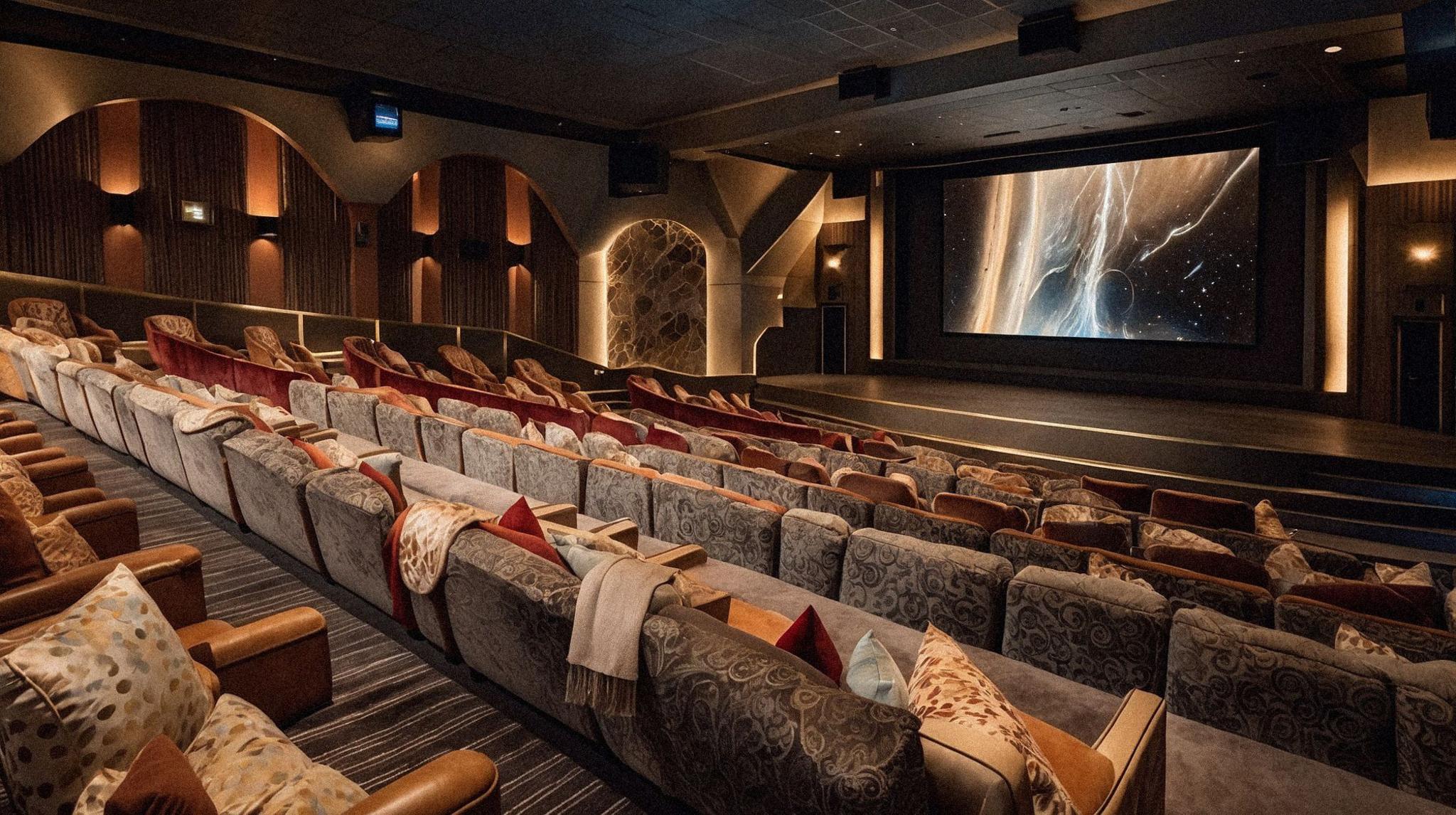 A cinema with grey seats and patterned cushions. The room is dimly lit and there is a big screen at the front.