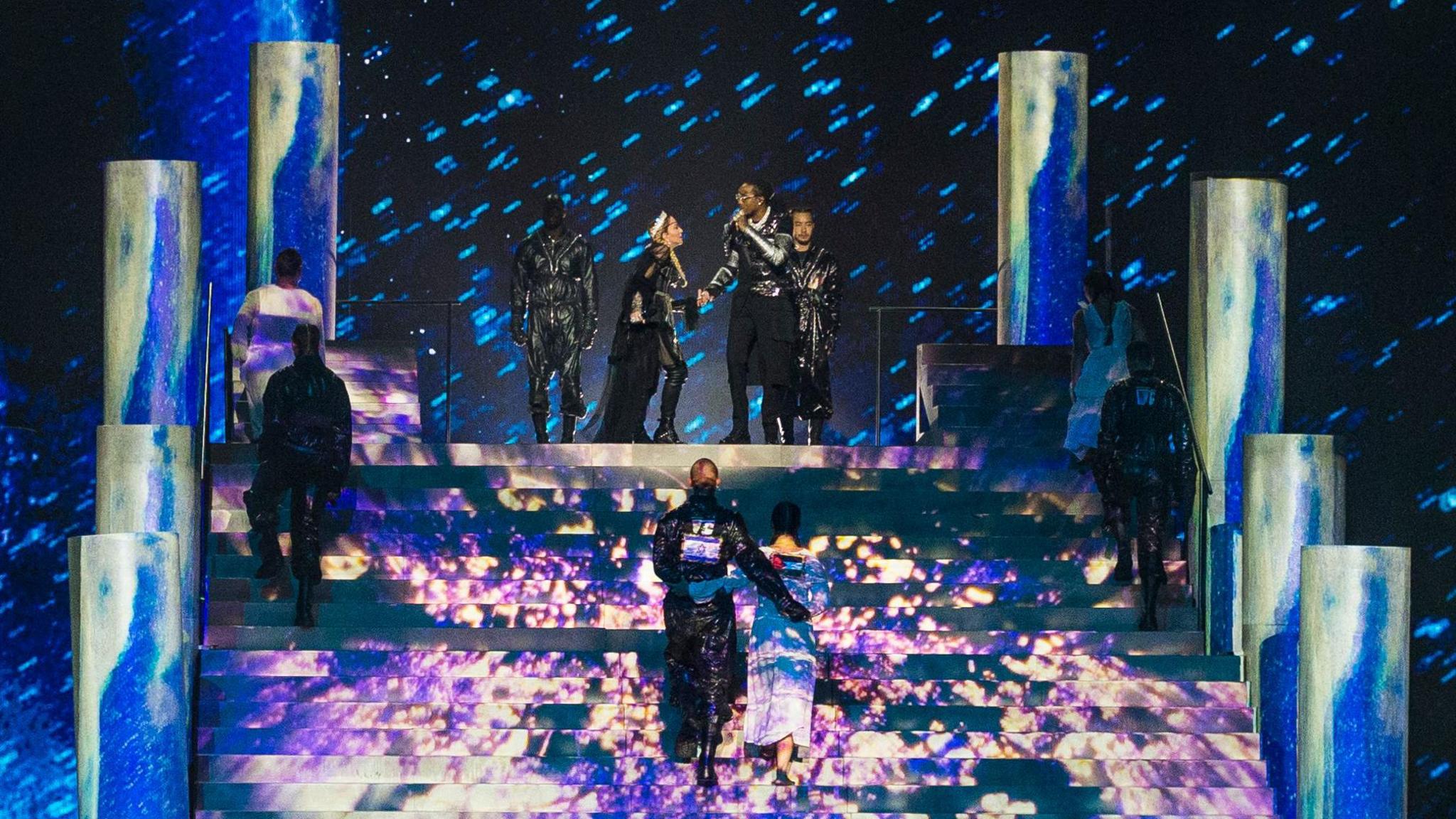 Dancers for Madonna displaying flags of both Israel and Palestine on their backs during the star's guest performance at Eurovision 2019 in Tel Aviv
