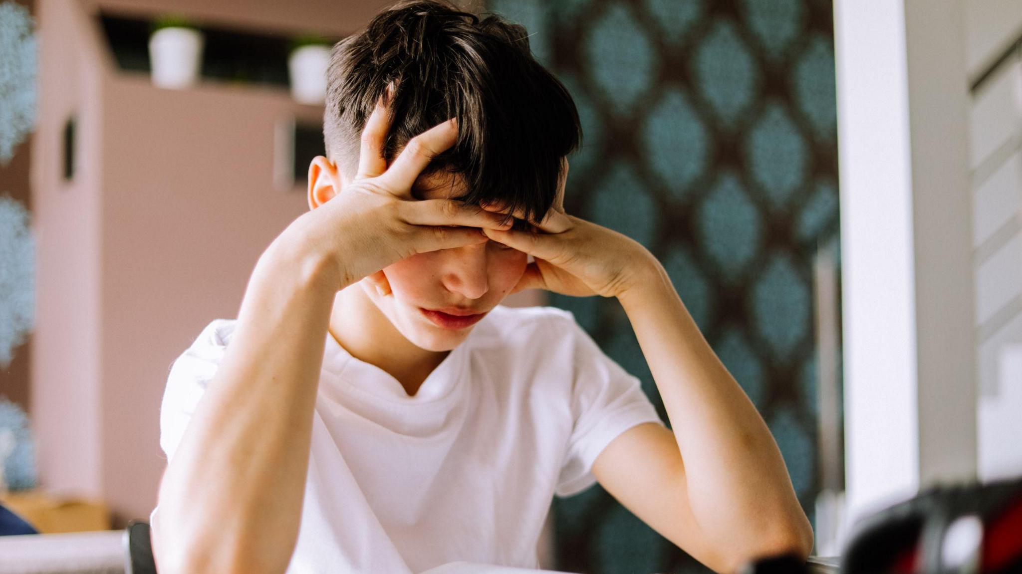 A brown haired teenage boy is concentrated diligently reading a book, preparing for a test in a school subject at home in the living room at the table