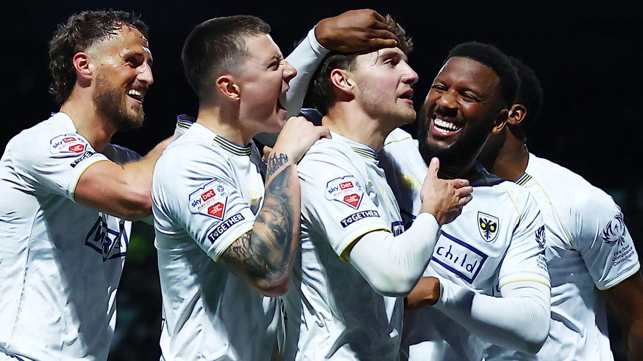 AFC Wimbledon celebrate Riley Harbottle's goal against Notts County