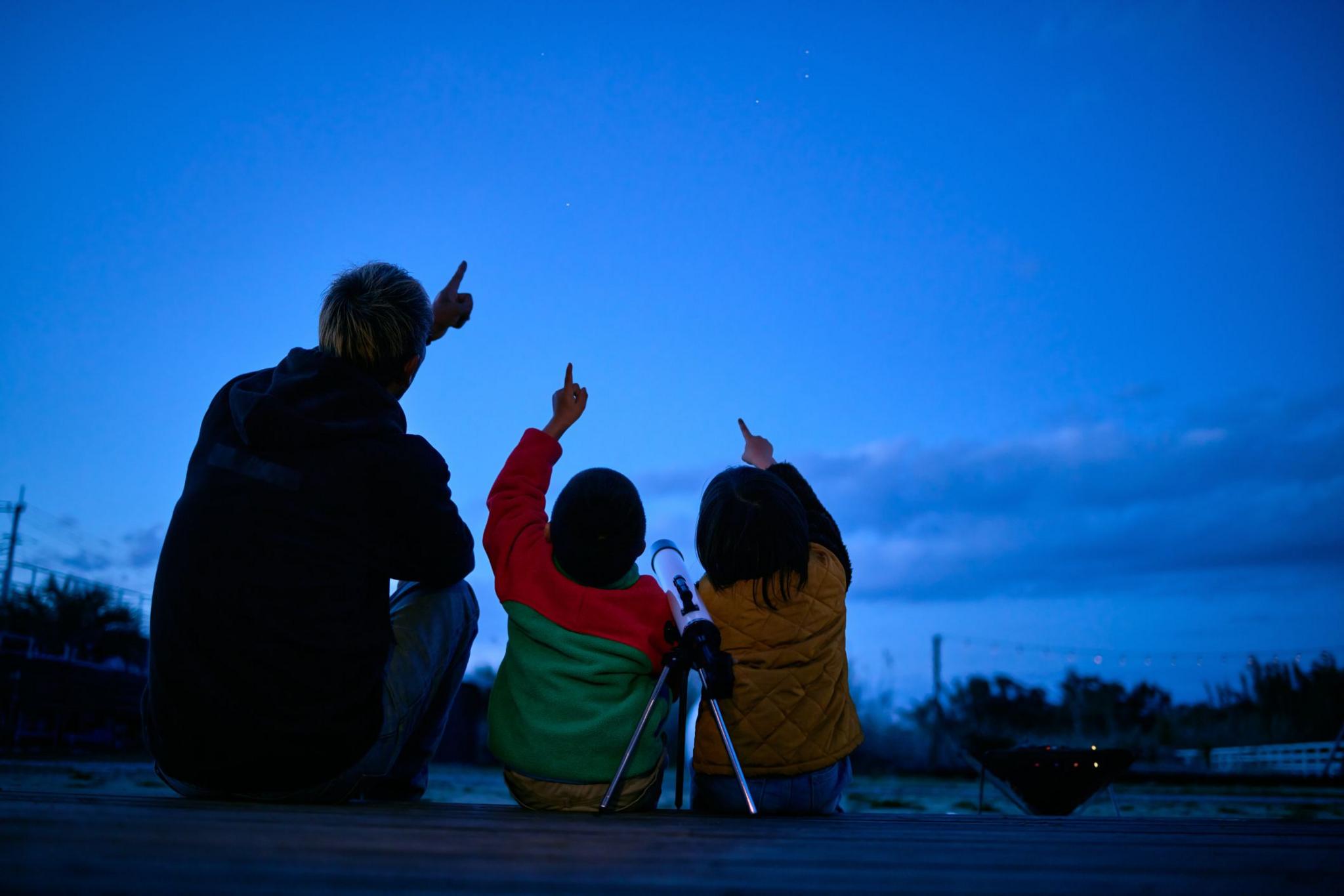 Silhouette of father and children pointing to sky