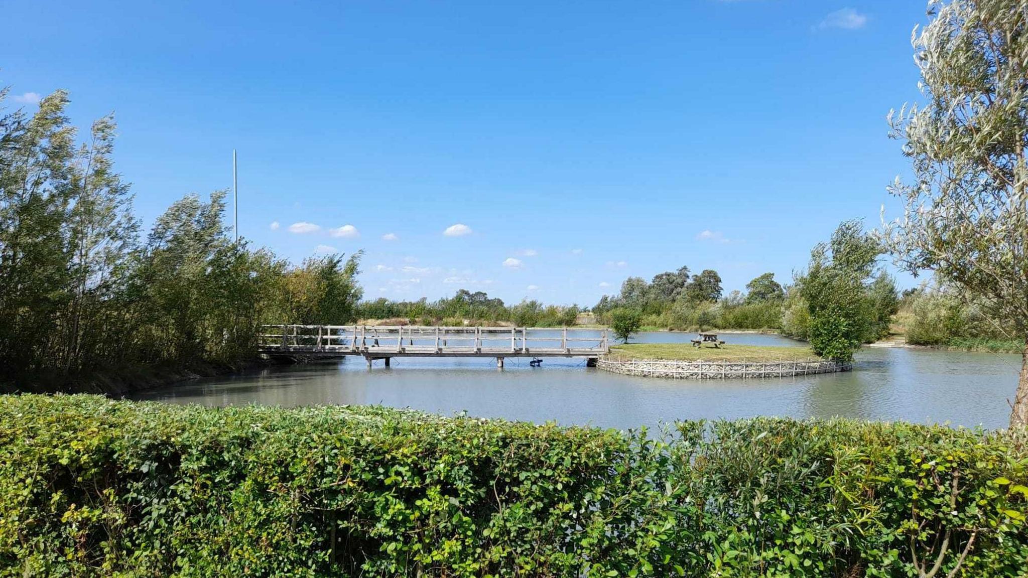 The private lake at Waterside Lodges, which is a large expanse of water surrounded by trees and hedge. It has a bridge leading to a small island.