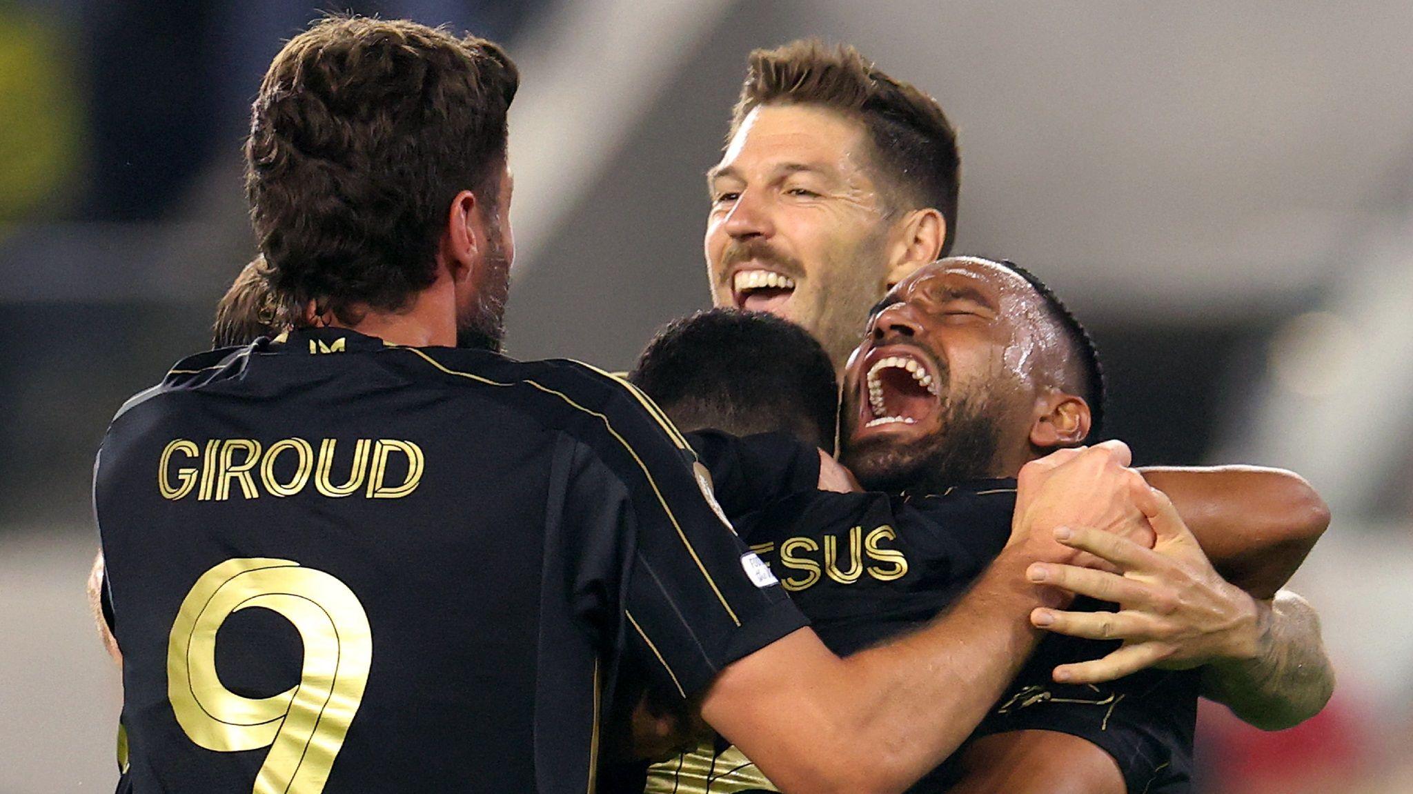 LAFC players celebrate during their victory over Mexico's Club America in a play-off to qualify for the 2025 Club World Cup