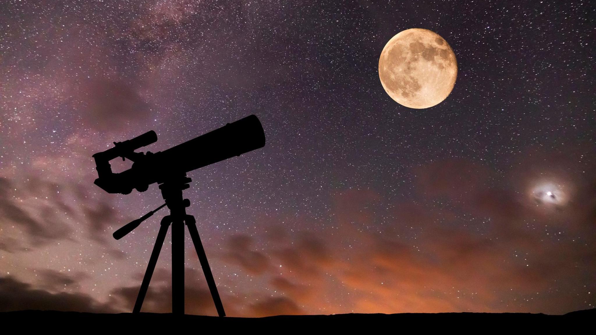 Telescope on the background of the starry sky and moon.