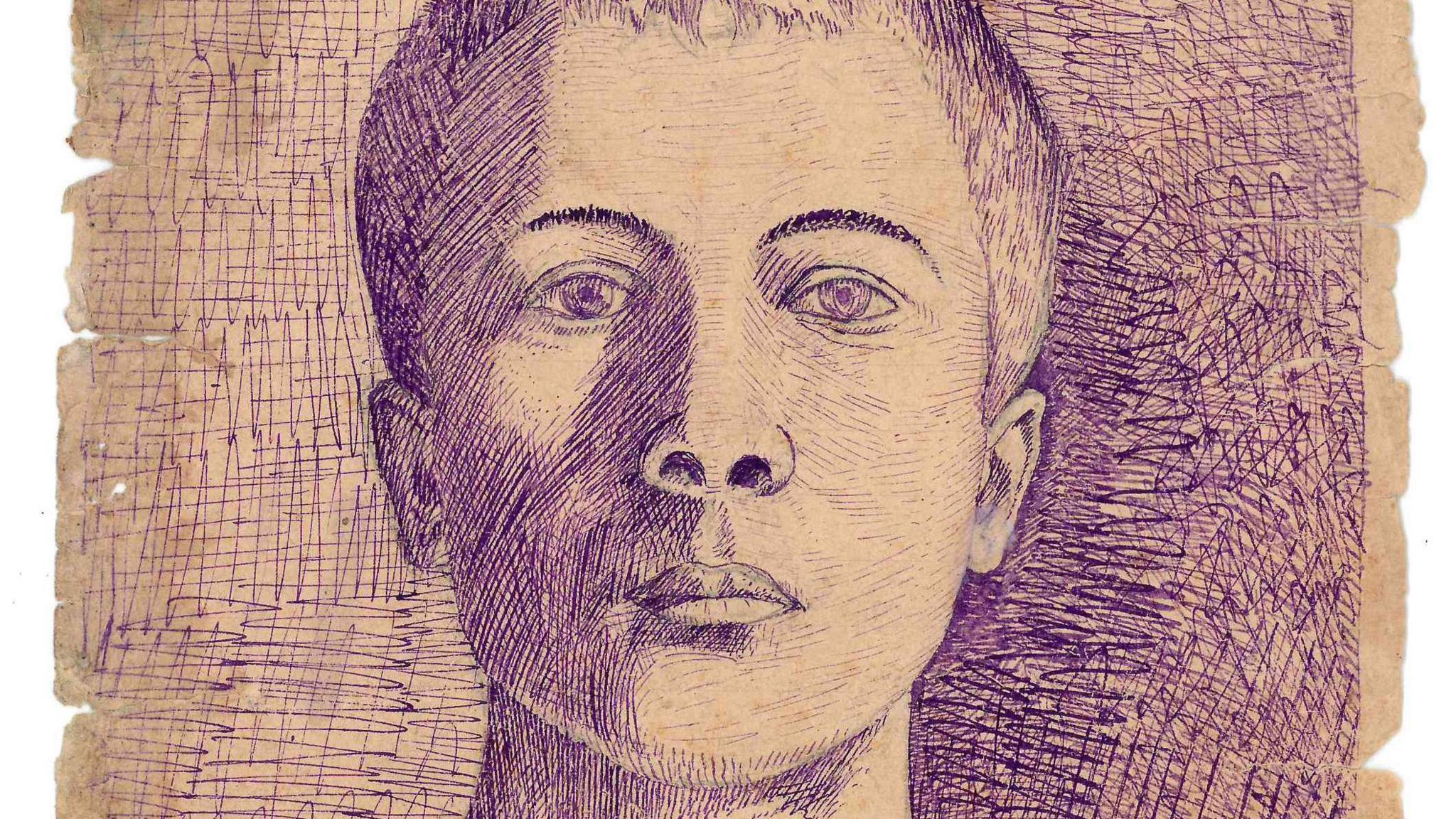 A self portrait of Khripunov that has been scribbled onto a page in blue ink.