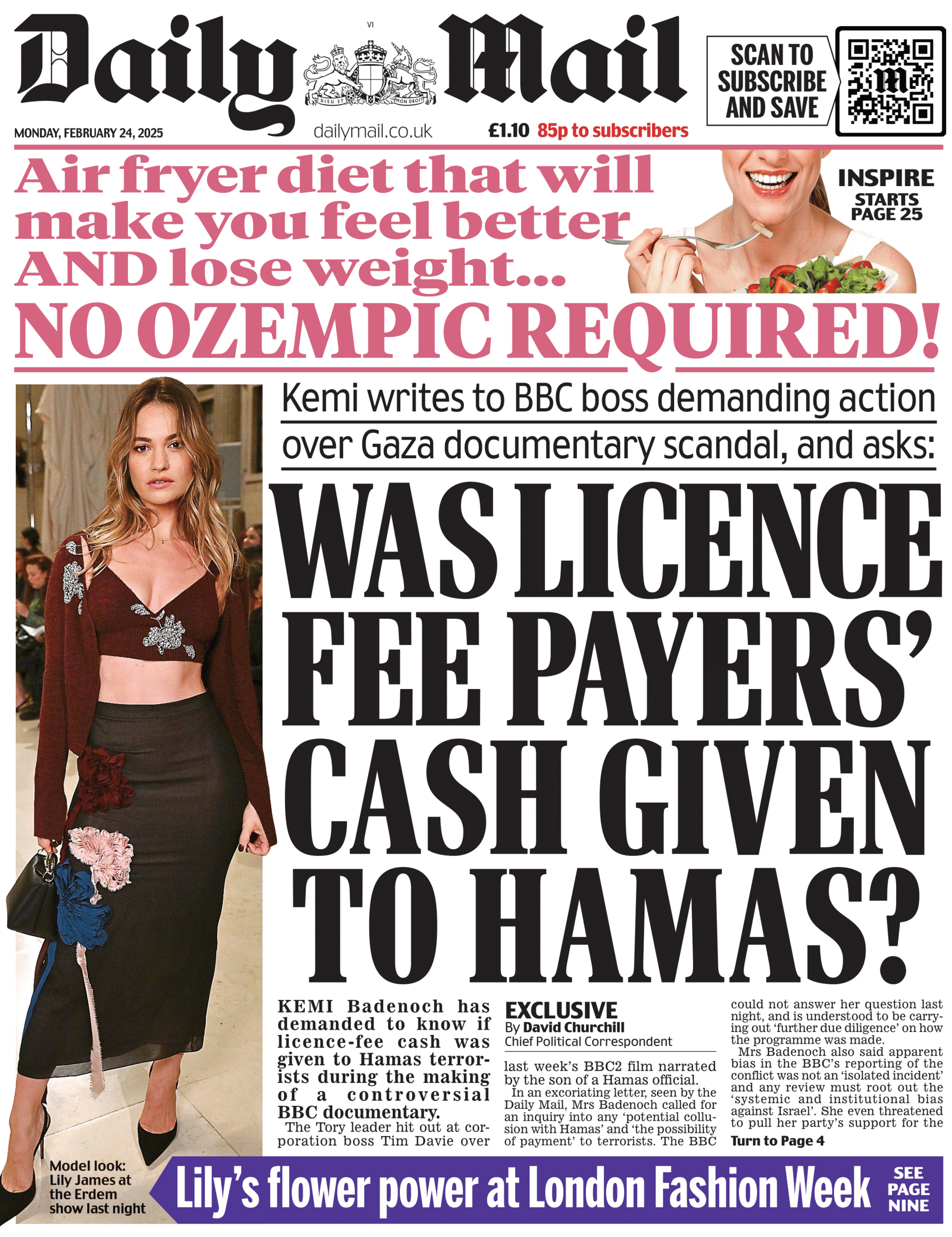 The front page of the Daily Mail newspaper. 