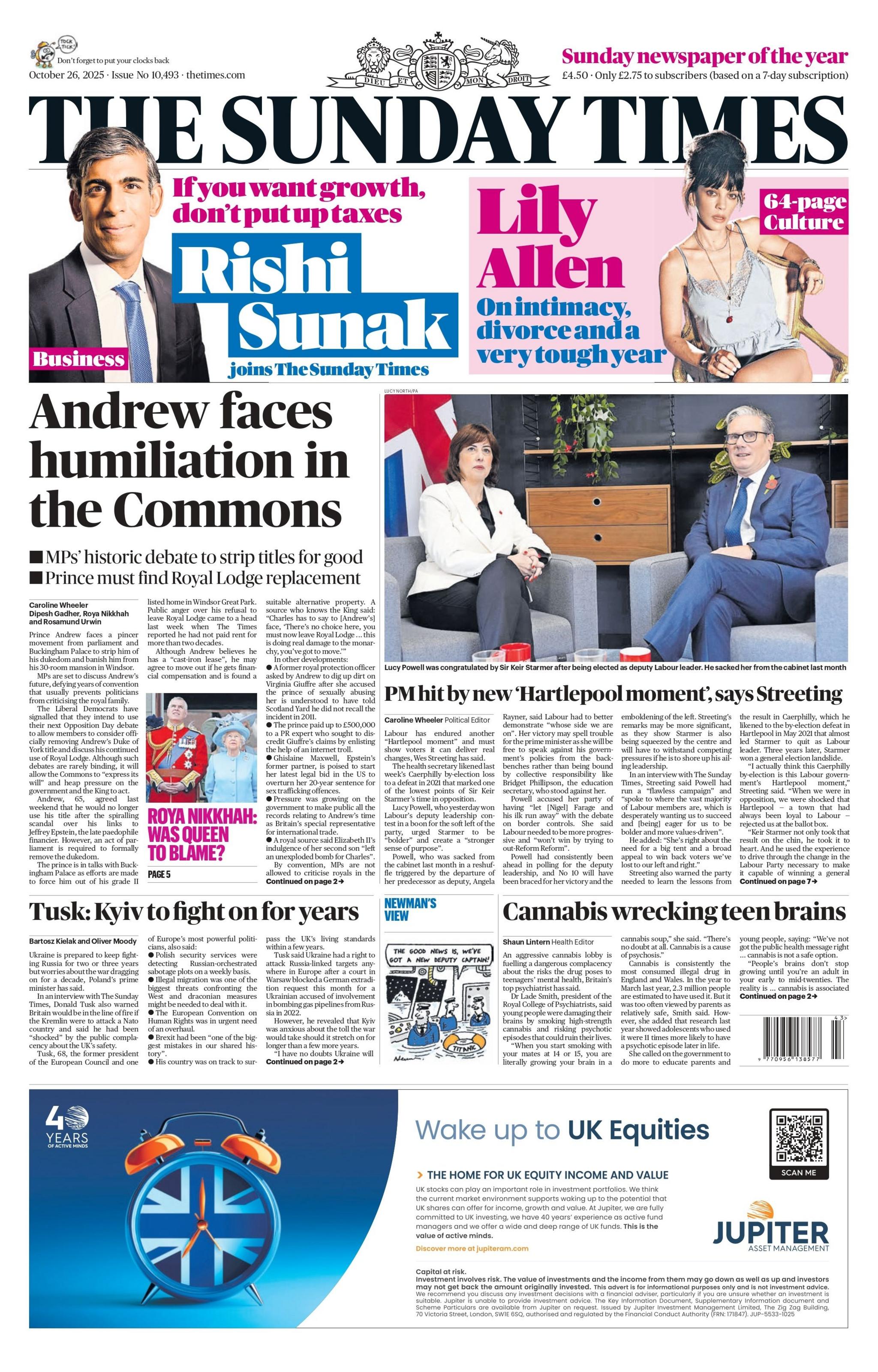 The headline on the front page of the Sunday Times reads: "Andrew faces humiliation in the Commons".