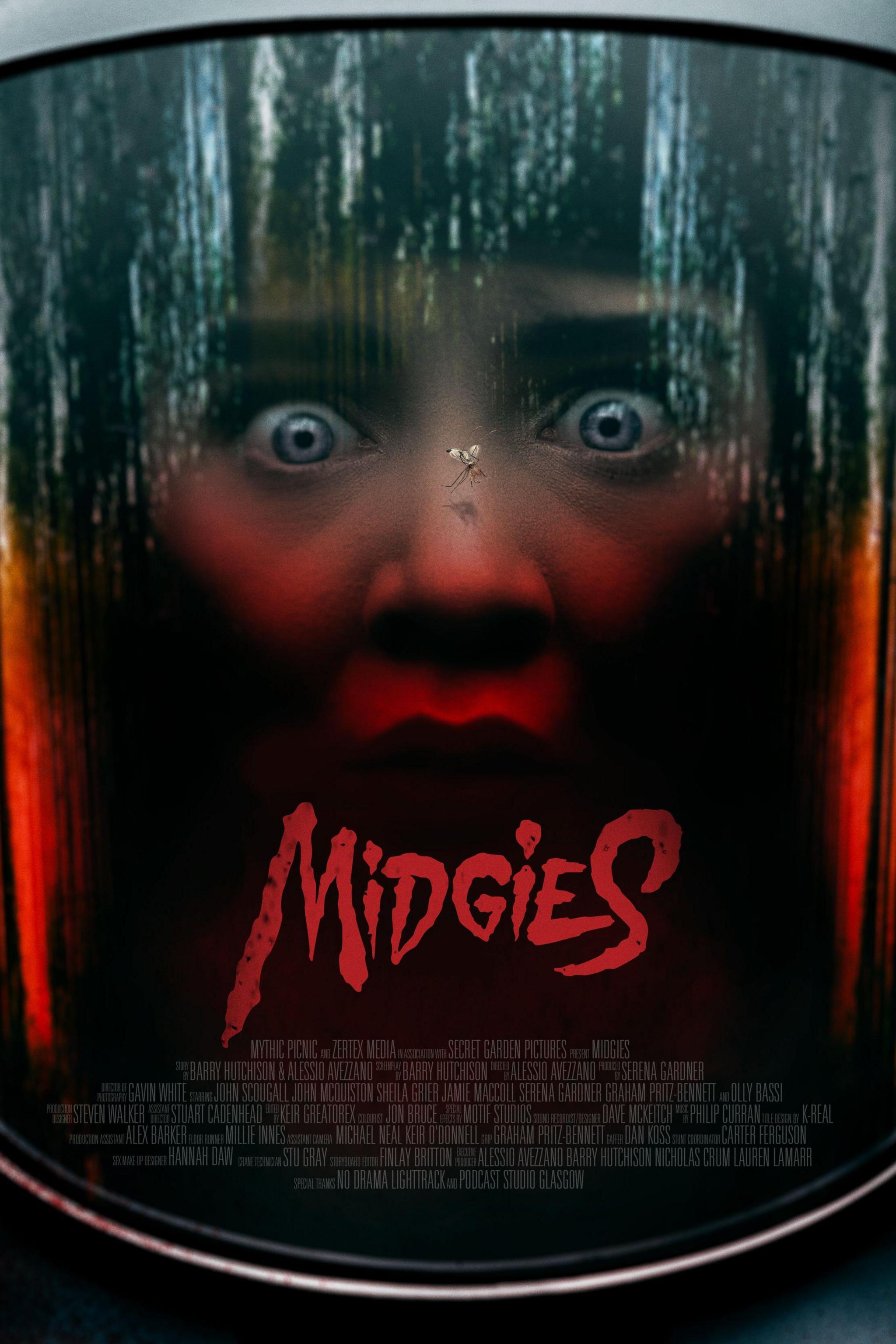 A poster for the horror comedy Midgies showing a person wearing protective clothing and staring in shock at a midge that has landed on the visor of their helmet.