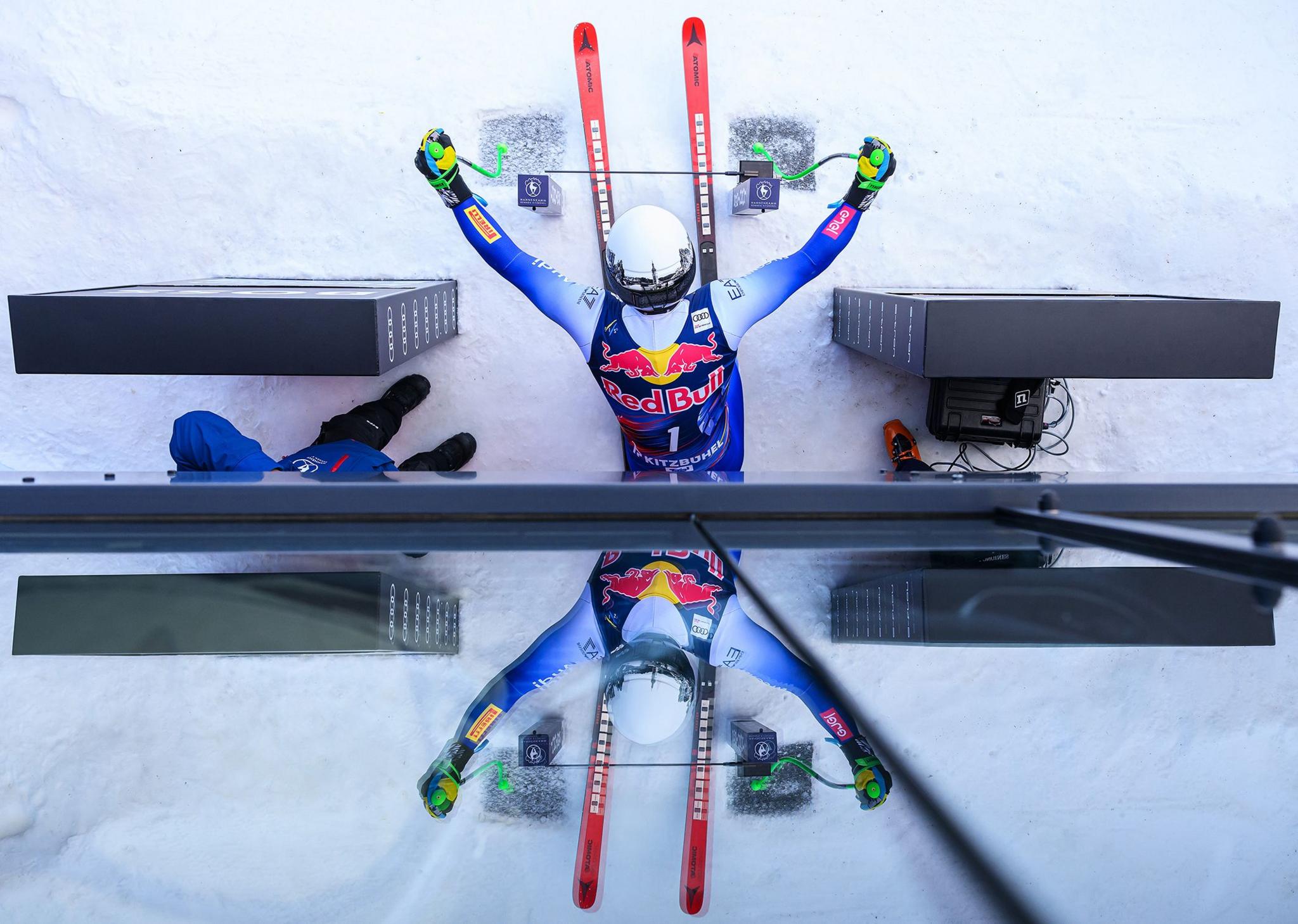 Florian Schieder of Italy prepares at the start for the first Men's Downhill training of the Audi FIS Alpine Ski World Cup at the Streif ski course in Kitzbuehel, Austria