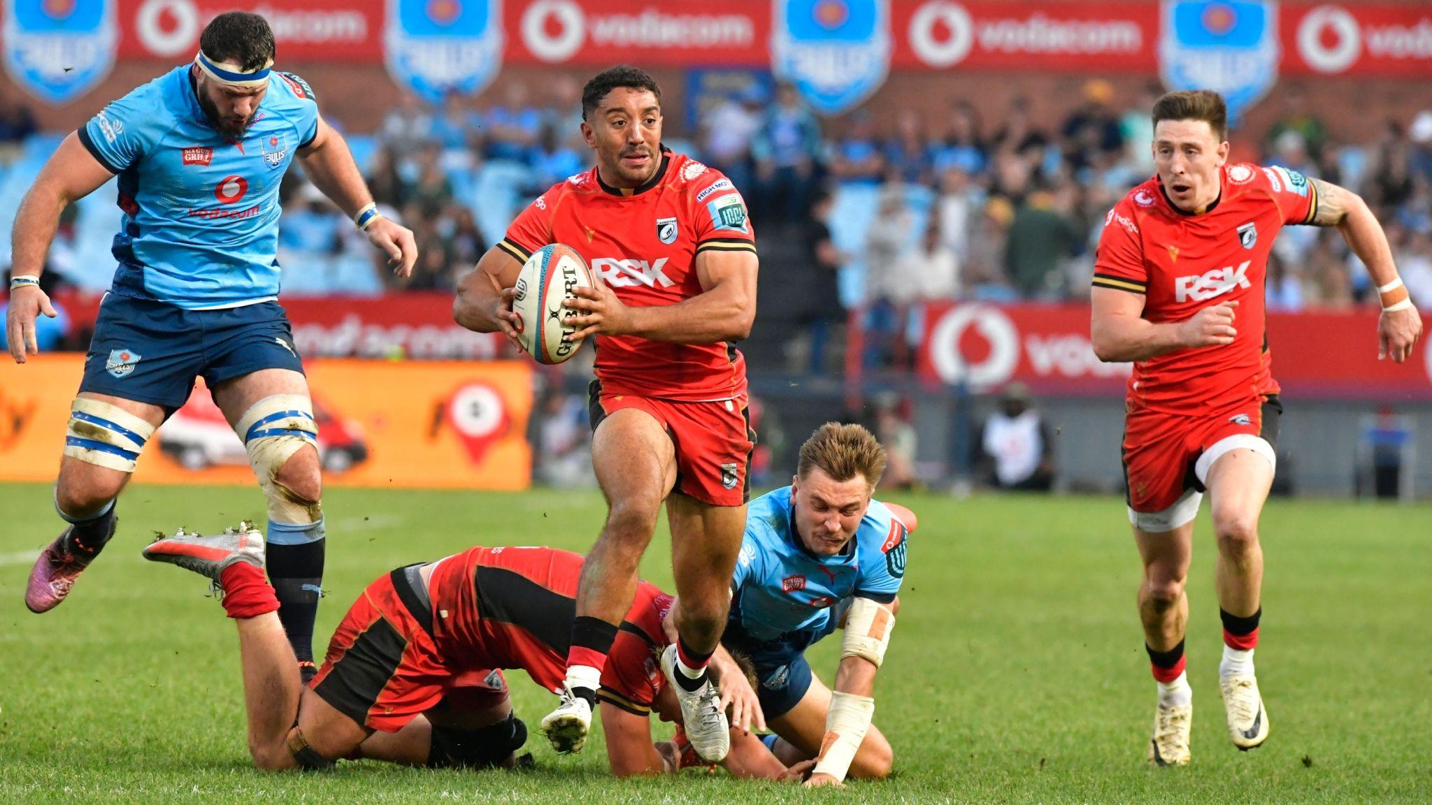 Gabriel Hamer-Webb of Cardiff runs with the ball against Bulls