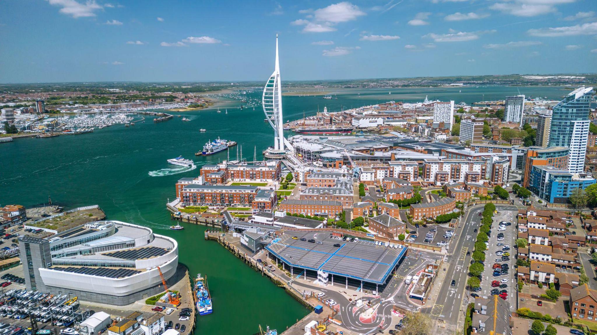 The drone aerial view of Spinnaker Tower and Portsmouth Harbour