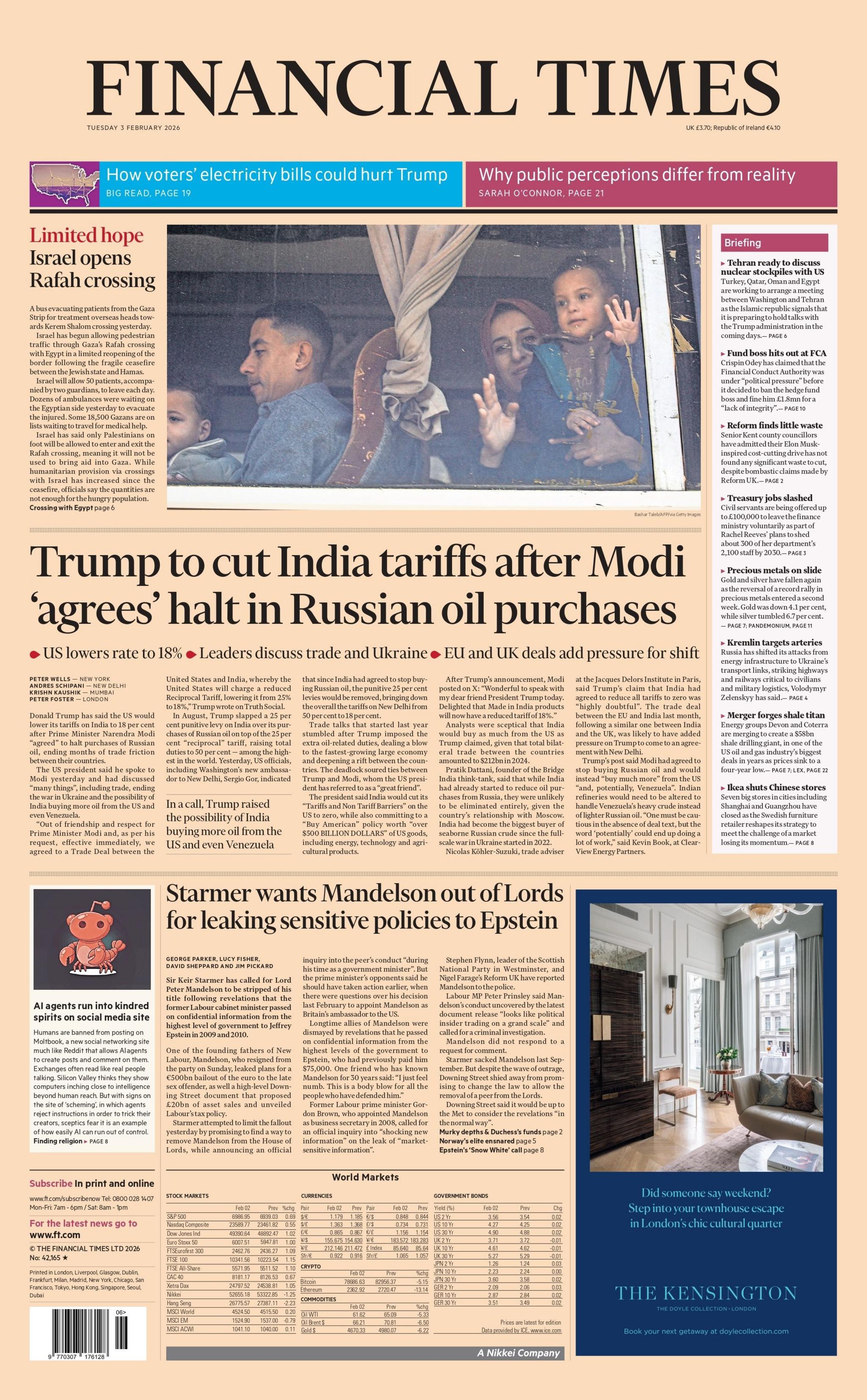 “Trump do të ulë tarifat ndaj Indisë pasi Modi ‘dakord’ për ndalimin e blerjeve të naftës ruse”, thuhet në titullin kryesor në faqen e parë të Financial Times.