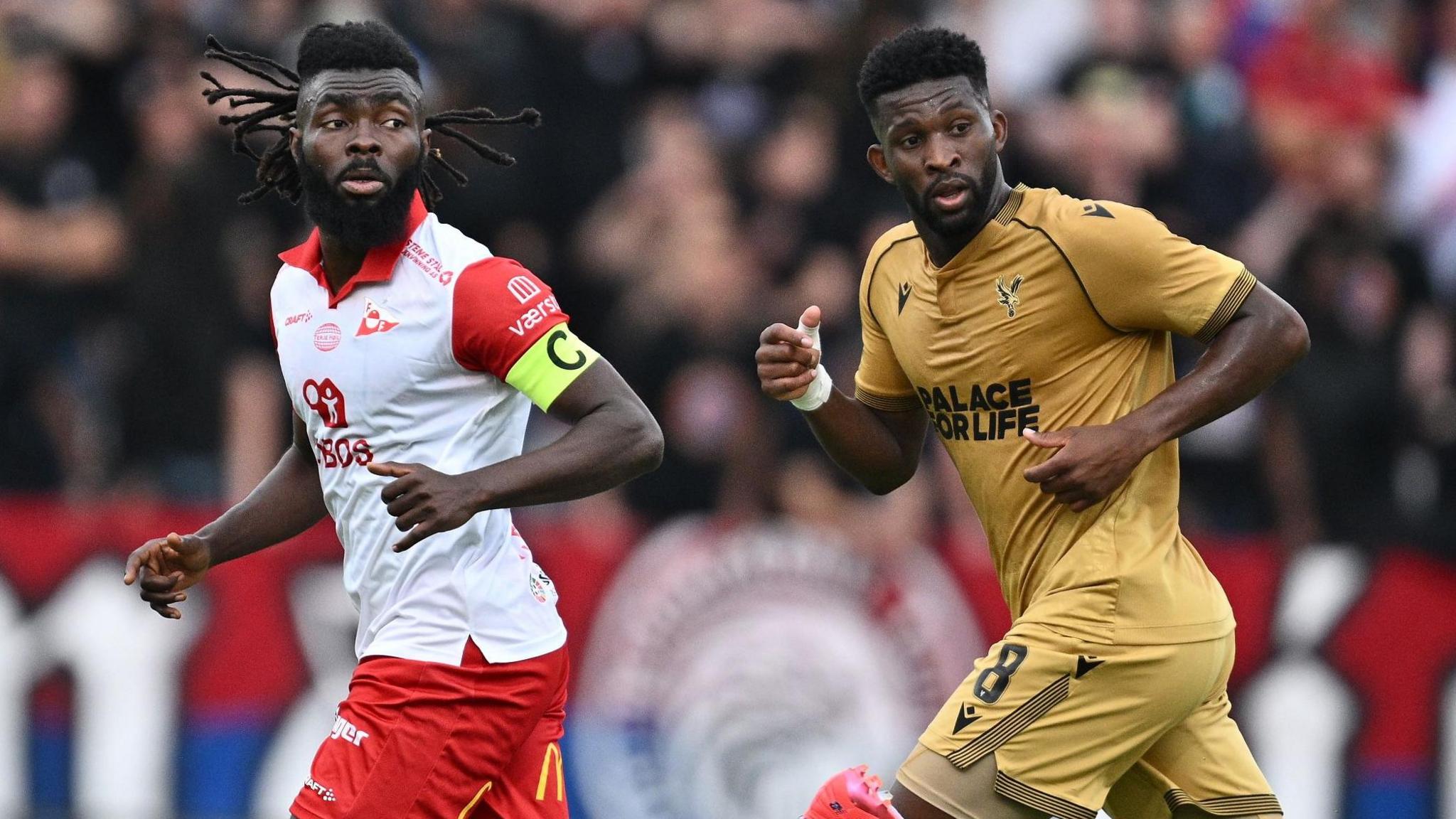 Leonard Owusu of Fredrikstad FK and Jefferson Lerma of Crystal Palace