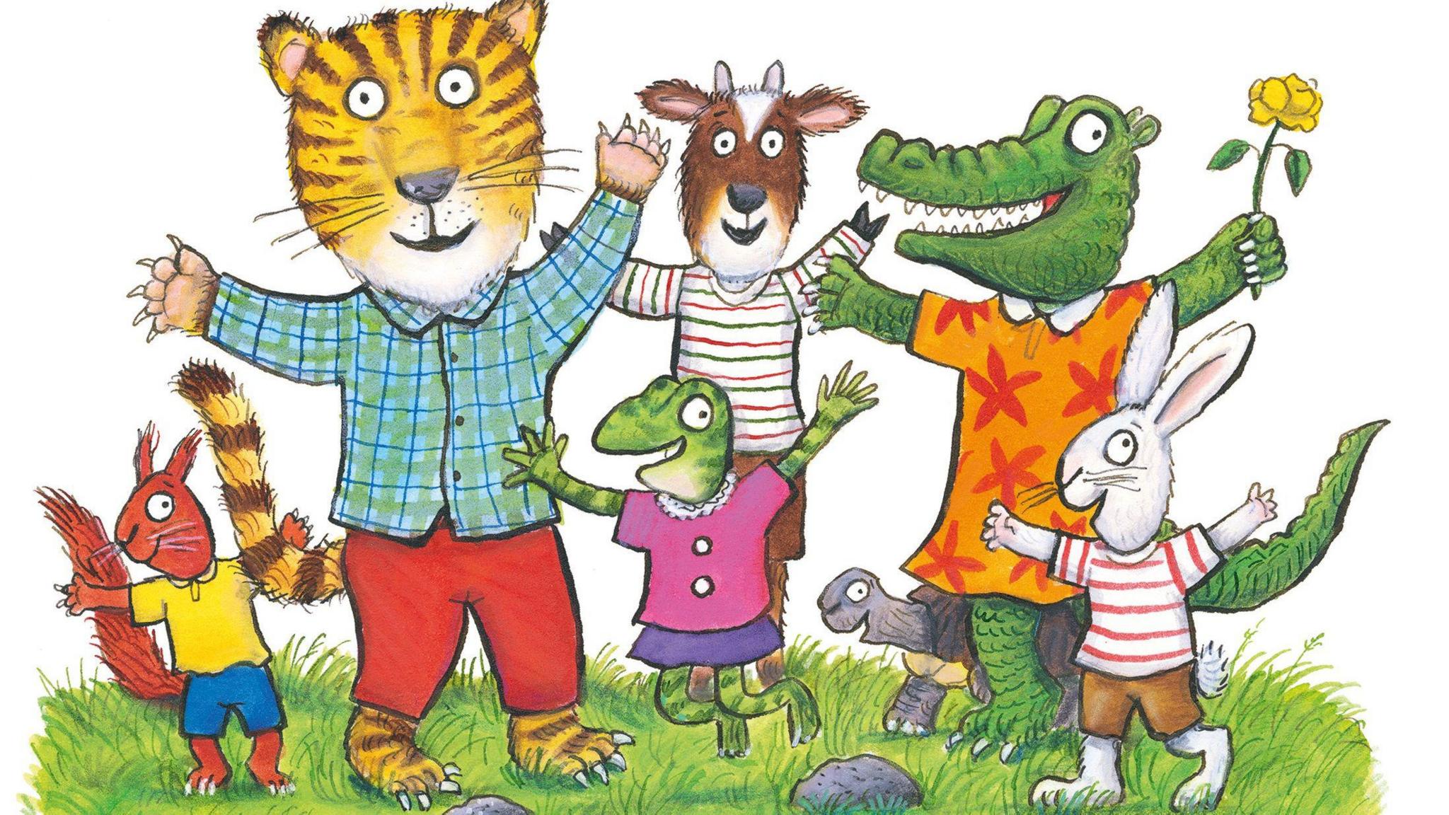 Illustrations of a squirrel, tiger, frog, goat, crocodile, tortoise and rabbit. They are all smiling and have their hands in the air above their heads
